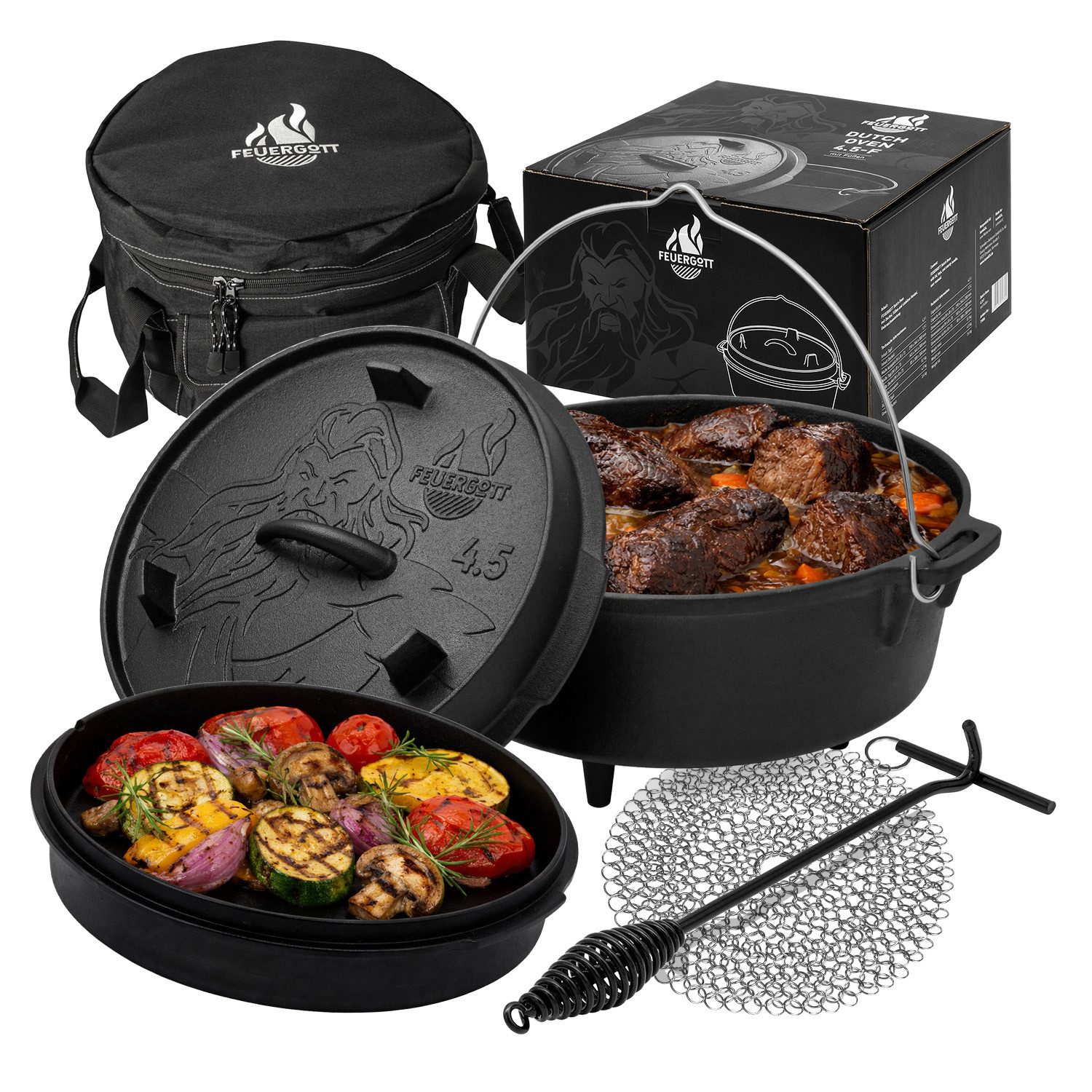 Feuergott Grilltopf FEUERGOTT Dutch Oven mit Füßen Set 4,5 l, Gusseisen