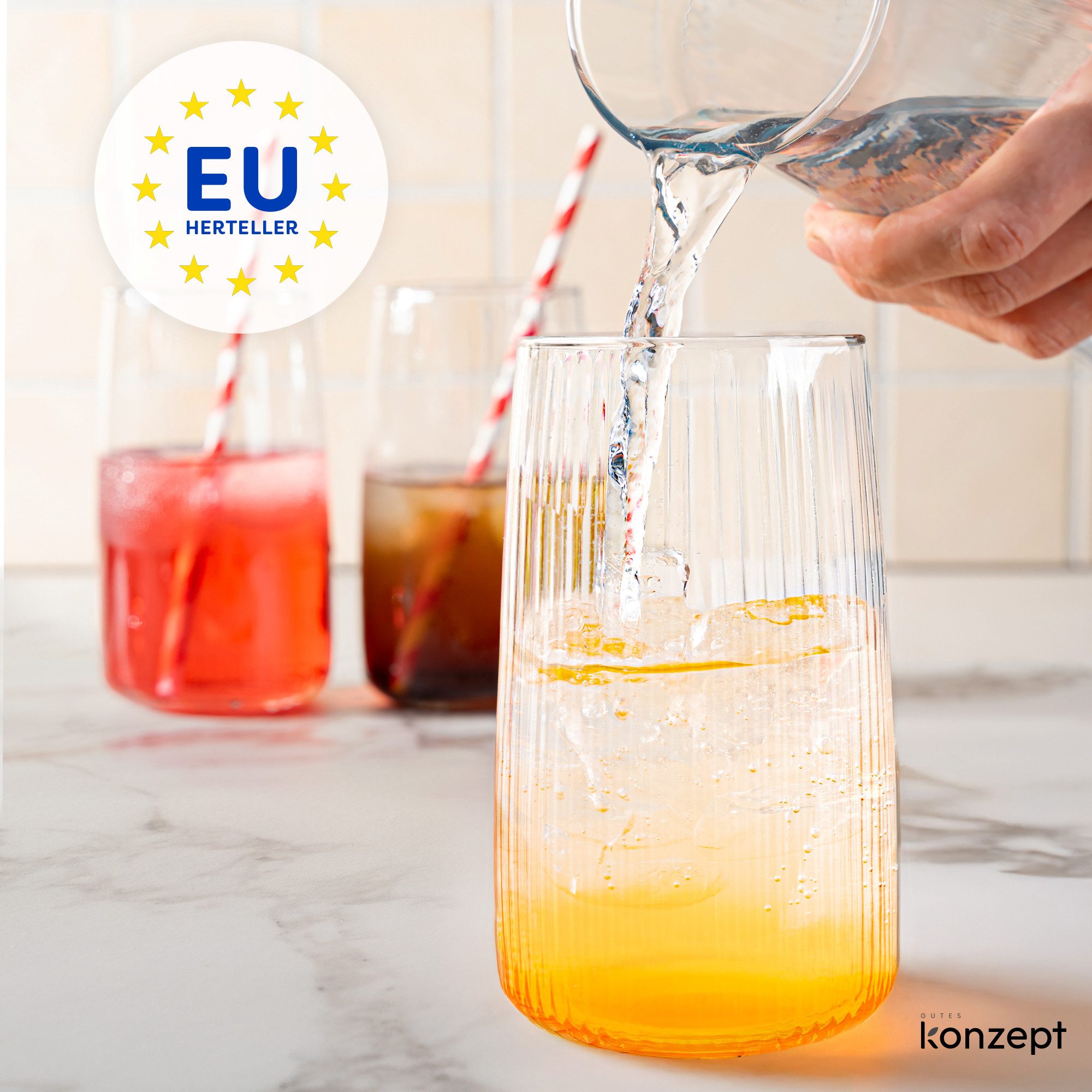 KONZEPT Gläser-Set 6 teilig mit Rillenstruktur (480 ml), Trinkgläser hohe Qualität, 6-tlg., Bleifreies Glas, Hergestellt in der EU