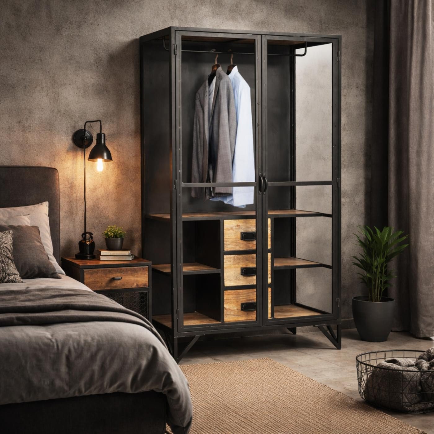baario Kleiderschrank Kleiderschrank BARBAR Glas schwarz Metall & Mangoholz Industrial Style