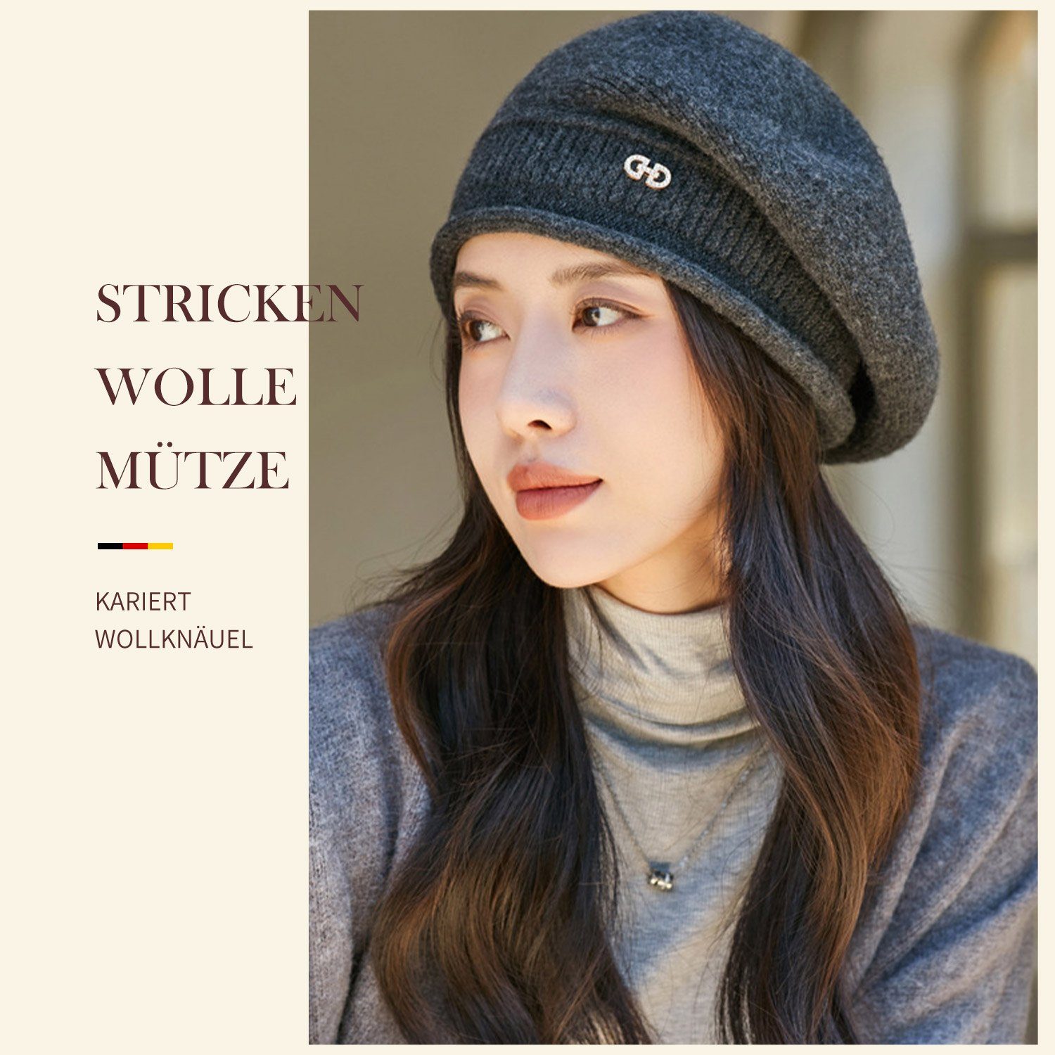 Strickmütze Wolle Mütze Khaki Damen Baskenmütze Baskenmütze Warm Barett MAGICSHE