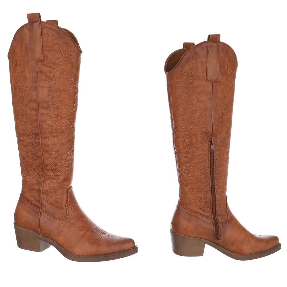 Ital-Design Damen Cowboyboots Western Westernstiefel (90152853) Blockabsatz Stiefel in Camel
