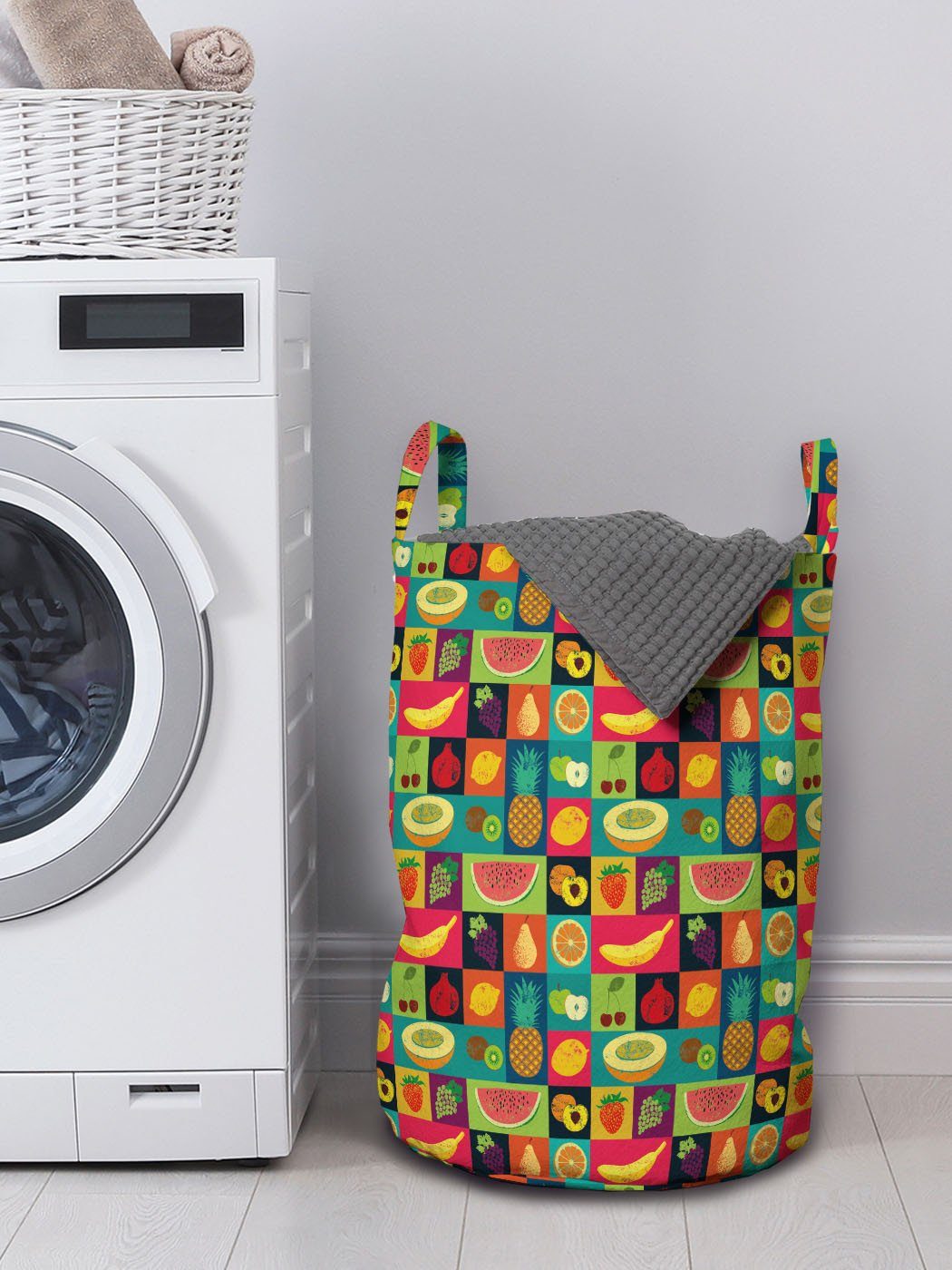 Abakuhaus Wäschesäckchen Wäschekorb für Waschsalons, Pop-Art Griffen Früchte Kordelzugverschluss Retro mit Grunge