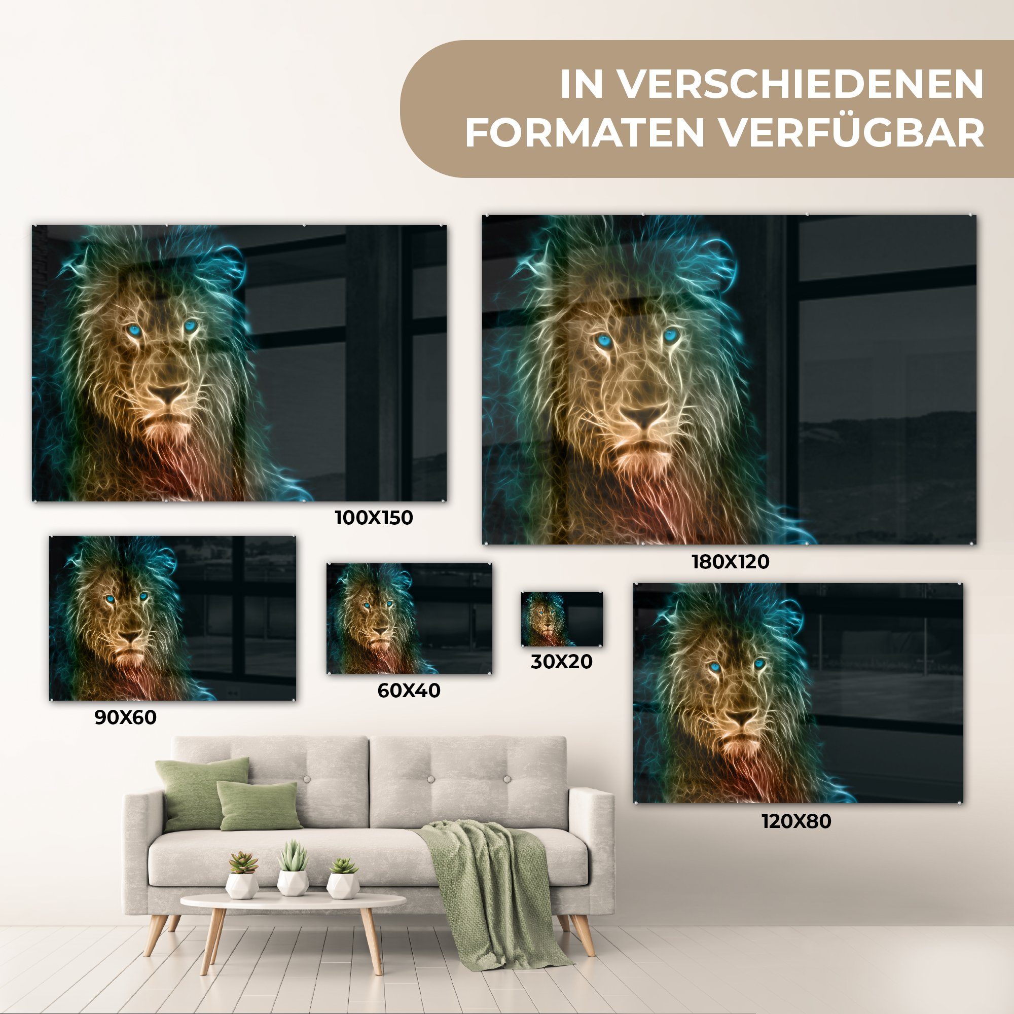 Blau, MuchoWow (1 Acrylglasbilder Löwe - & Wohnzimmer Acrylglasbild Schlafzimmer St), - Flammen