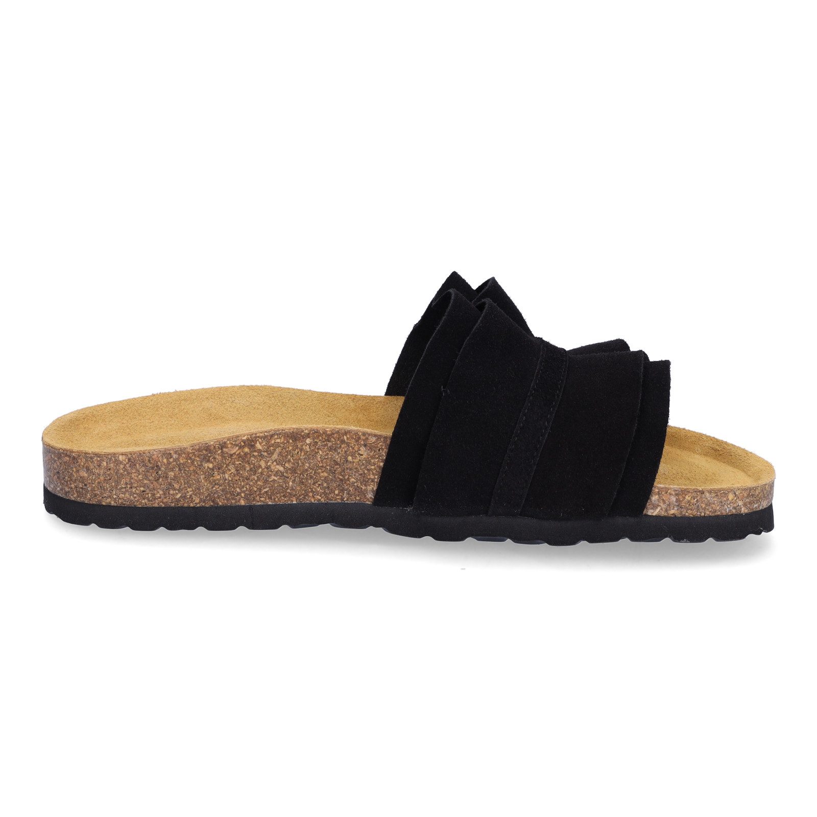 MIDS MIRABEL Damen Pantolette schwarz aus Velourleder mit Rüschenriemen, Lederfußbett & Korksohle – Bild 4 von 5
