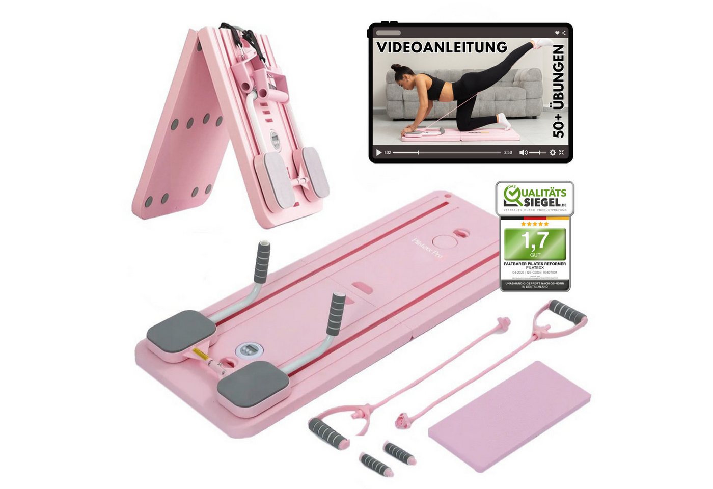 Pilatexx Pilates-Reformer PLTX - Faltbarer Pilates Reformer mit Videobibliothek (50+ Übungen), (Set, 6-tlg., inkl. 14/28 Tage Trainingspläne, inkl. Videobibliothek (50+ Übungen), Gelenkschonendes Ganzkörpertraining für alle Fitnesslevel