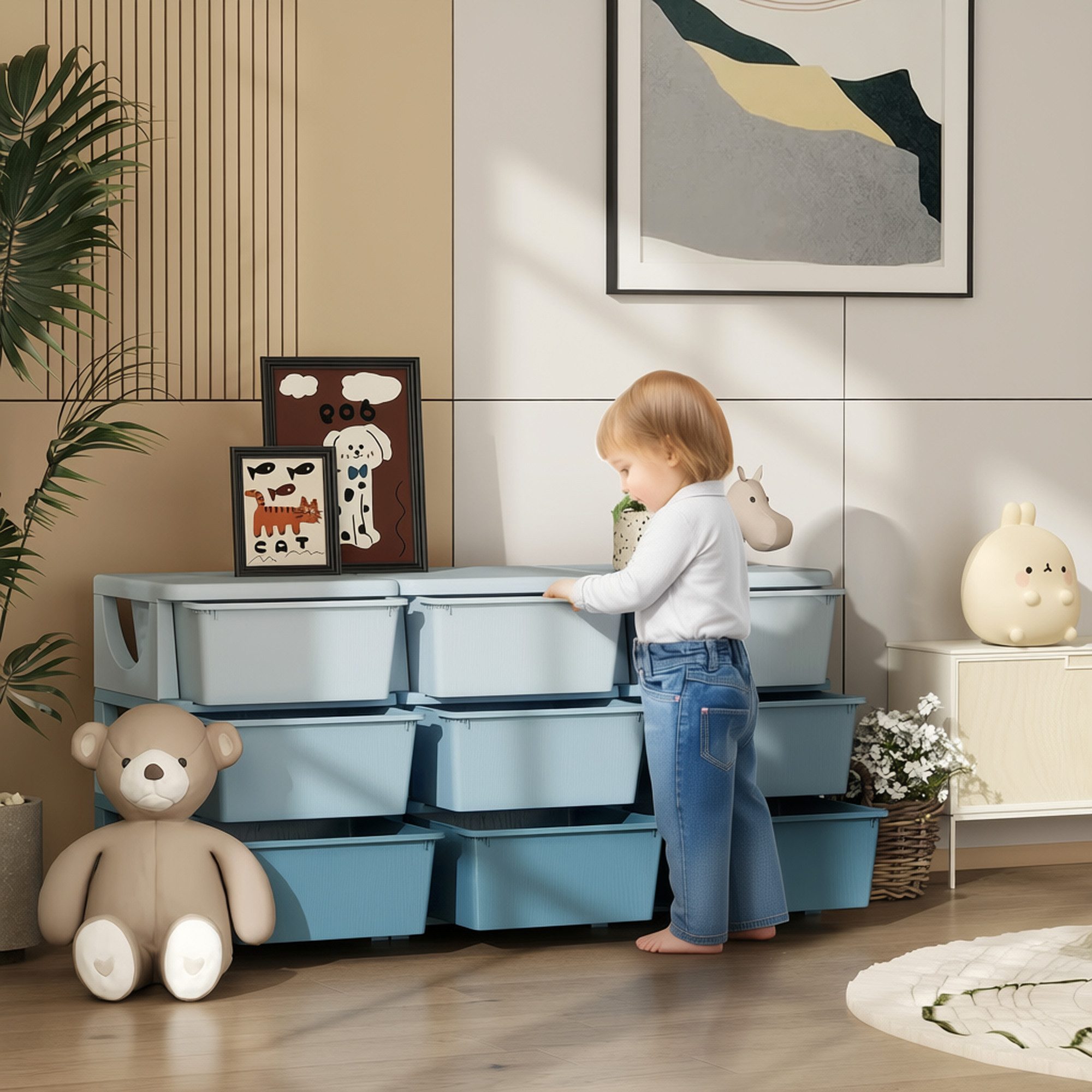 HOMCOM Spielzeugtruhe Schubladenschrank, Spielzeug-Organizer mit sechs Ebenen, 3-6 Jahre (Schubladenschrank, 1 St., Spielzeugkiste), für 3-6 Jahre Kinder Blau 113 x 37 x 56,5 cm