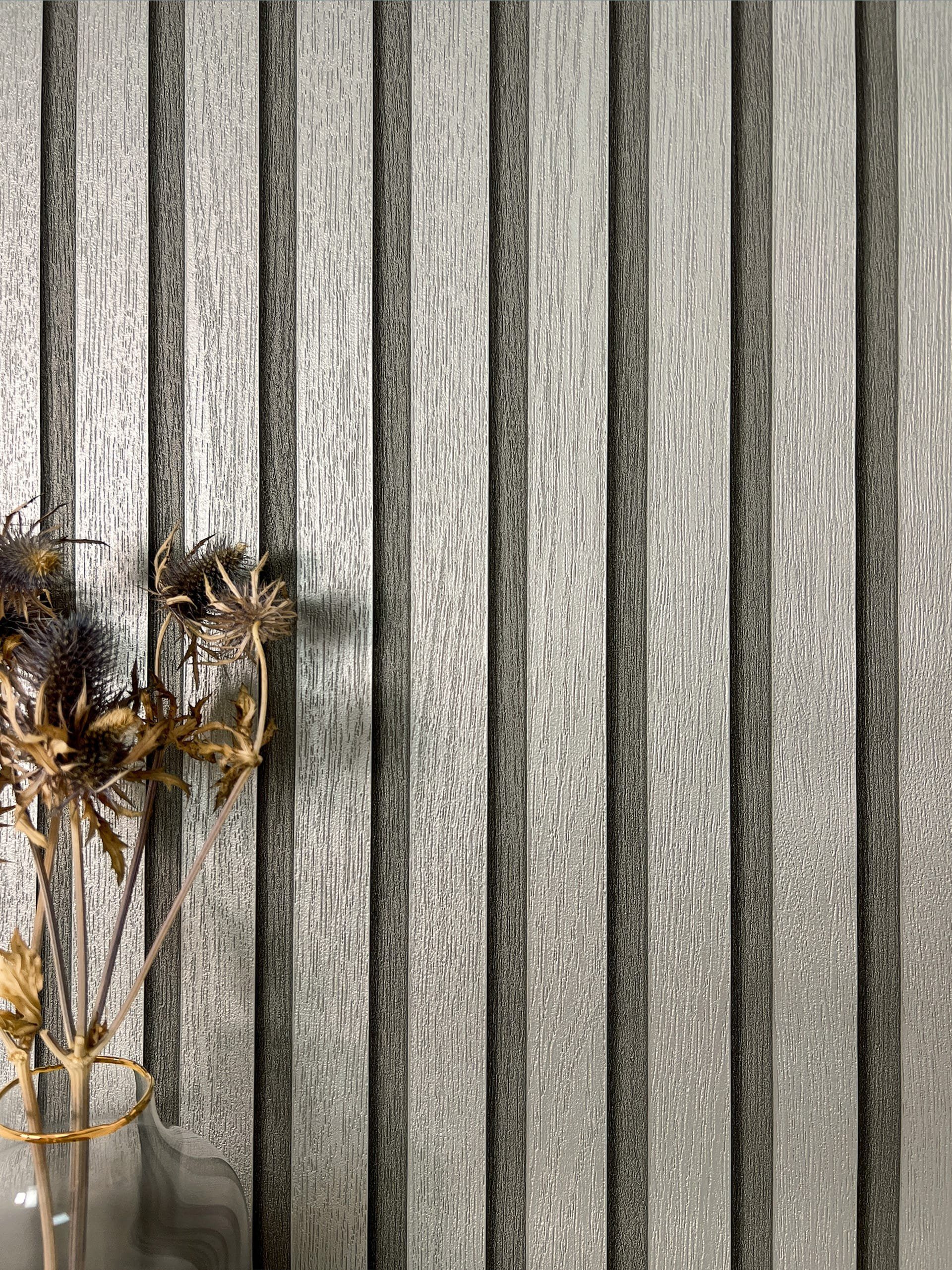 Newroom Vliestapete, Silber Tapete Glamour Paneele - Wandpaneele Holzpaneele Grau Metallic Modern Skandinavisch Lamelle Streifen für Wohnzimmer Schlafzimmer Küche