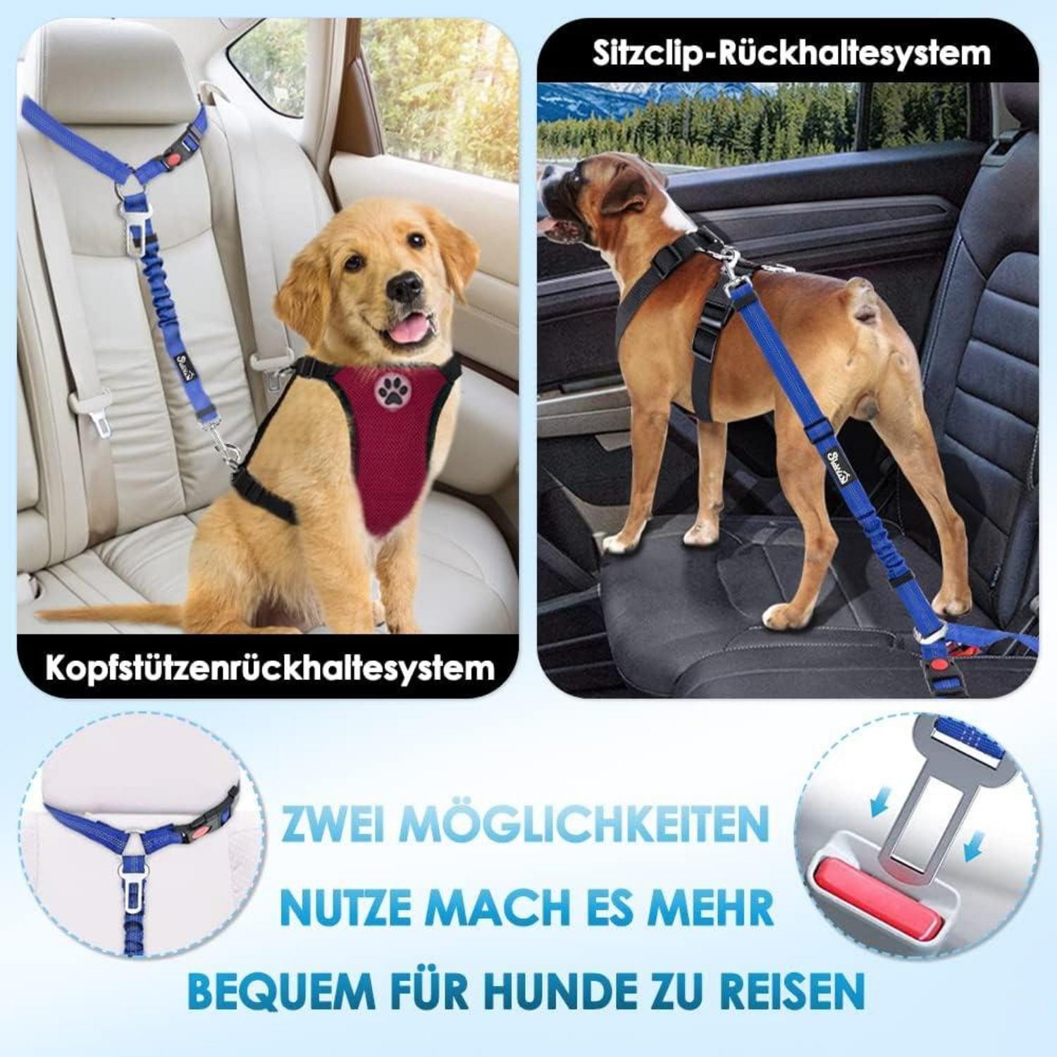 Thumbnail - SlowTon Hunde-Halsband Hundegurt Auto 2-in-1 Kopfstützen-Rückhalte Anschnallgurt Hellblau 2er