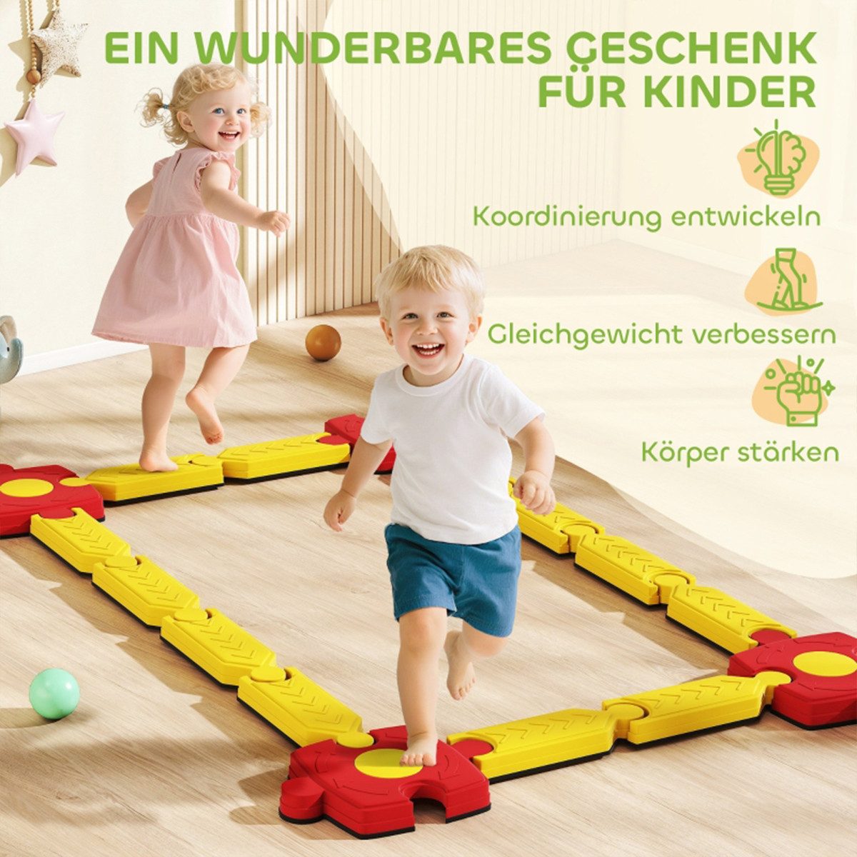 XDeer Balance Board Ständer Balancetrainer Frei Gestaltbar Kinder Schwebebalken-Set, (Kunststoff Balancierbalken  von 3 bis 8 Jahren Gelb+Rot)
