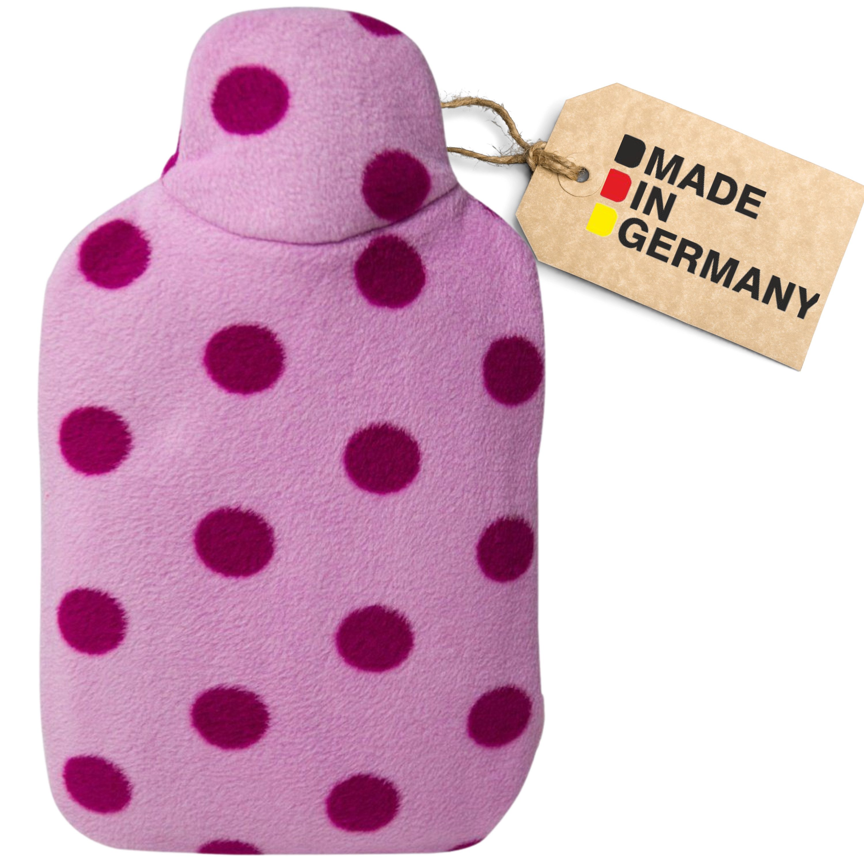 Hugo Frosch Wärmflasche Öko Junior 0,8 l formstabil Made in Germany mit Bezug Muster, Fleece Rosa Punkte - langlebige Bettflasche, waschbarer Überzug