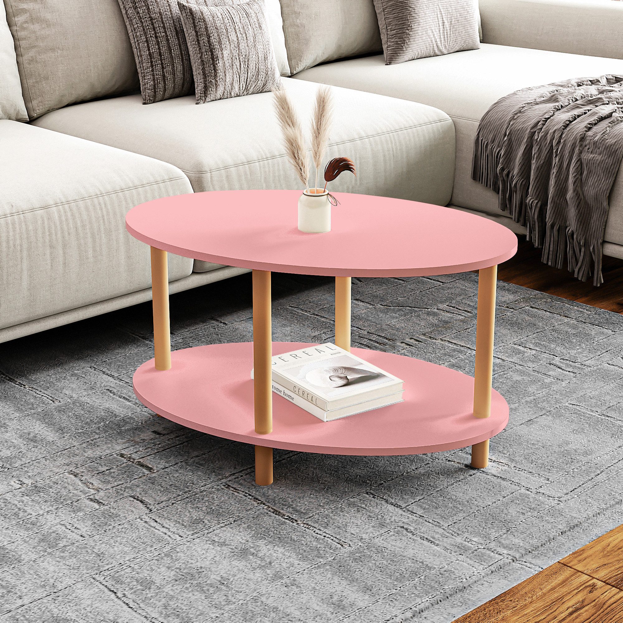 en.casa Couchtisch, »Højreby« oval Beine aus Buchenholz 70x44x43 cm Rosa günstig online kaufen