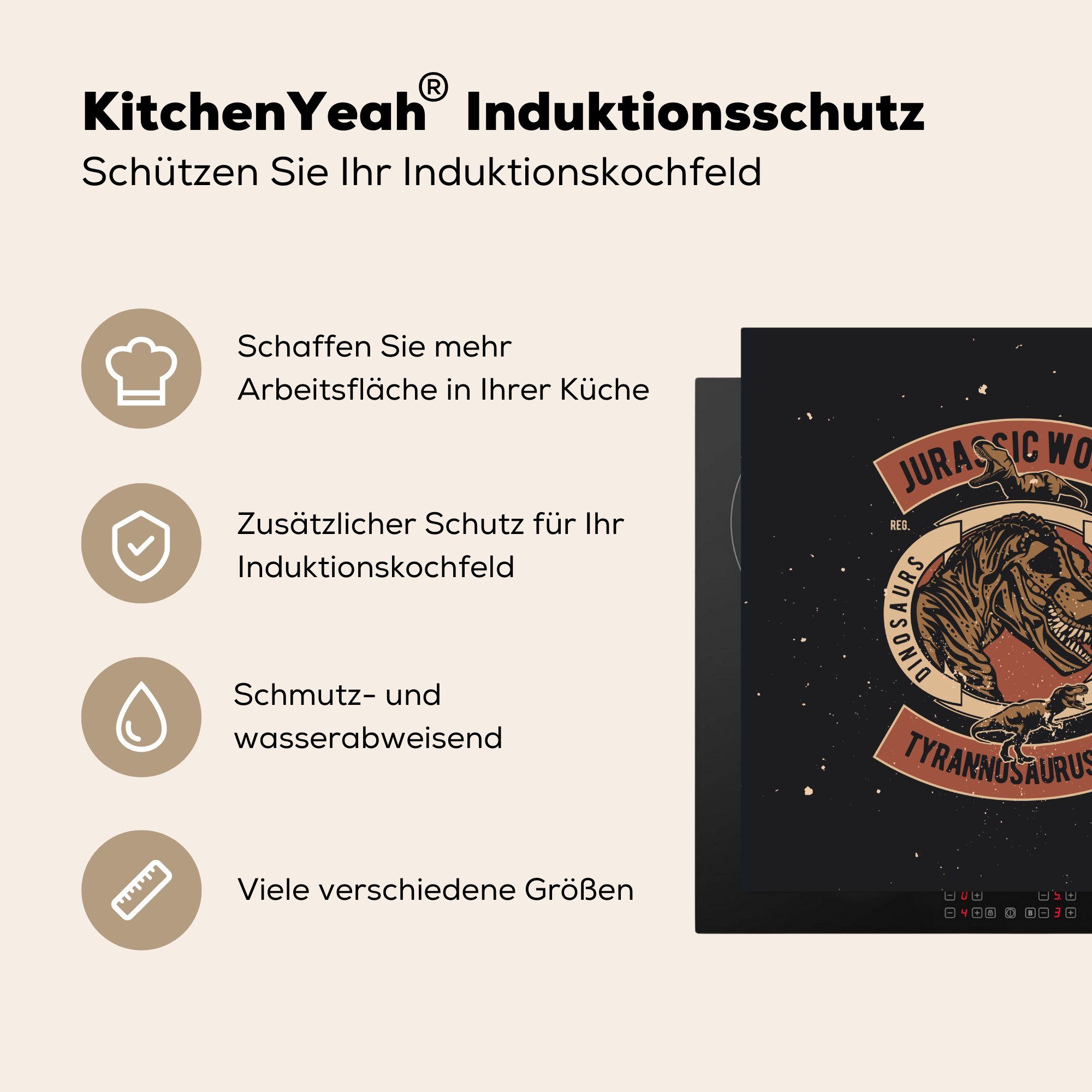Vinyl, Vintage, Dinosaurier (1 tlg), - cm, Welt für MuchoWow Jurassische Herdblende-/Abdeckplatte 78x78 - Arbeitsplatte Ceranfeldabdeckung, küche