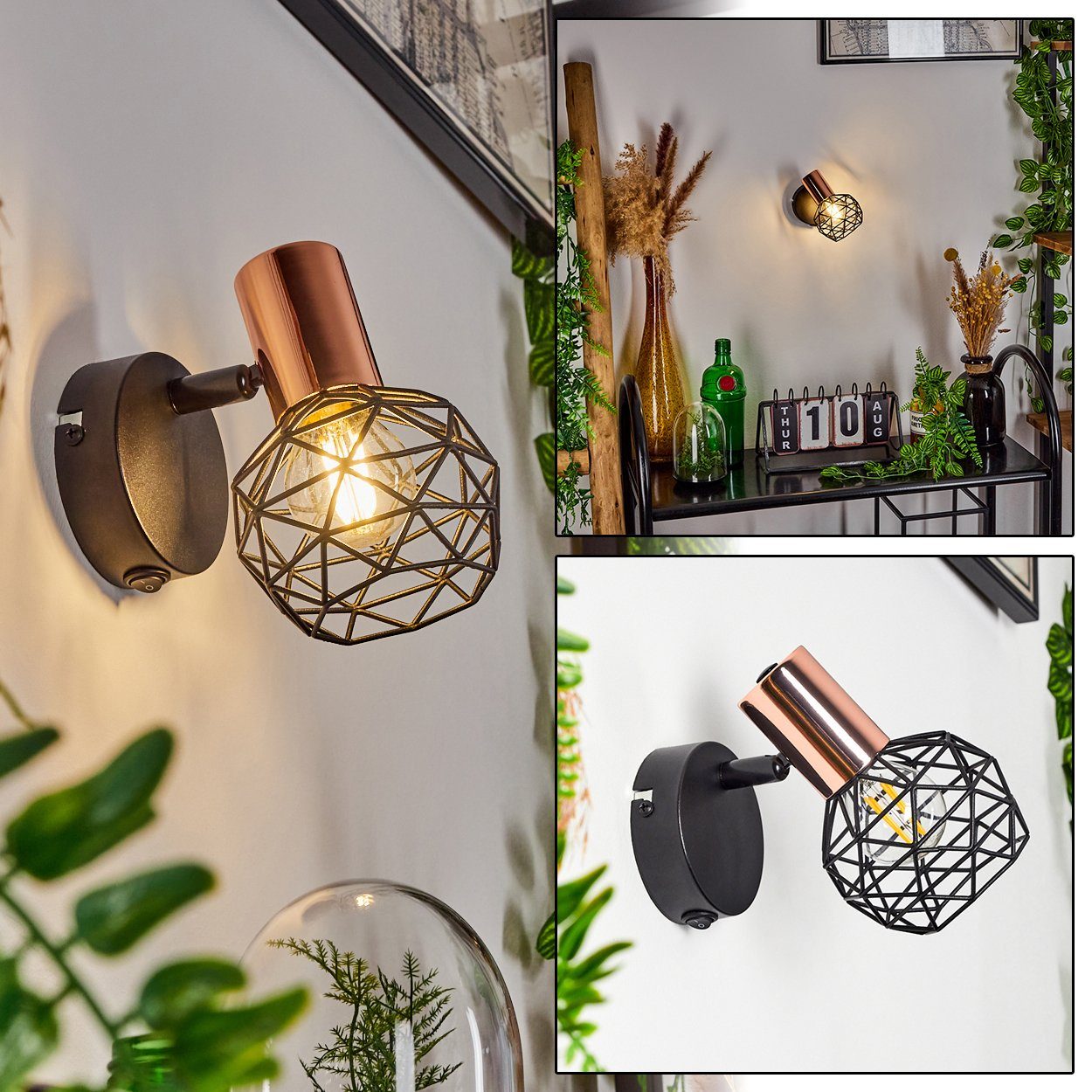 hofstein Wandleuchte »Torano« 1-flammige Lampe aus Metall in Schwarz und Kupfer, ohne Leuchtmittel, Gitterschirm Lichteffekt, Spot dreh-/schwenkbar, An- & Ausschalter,E14