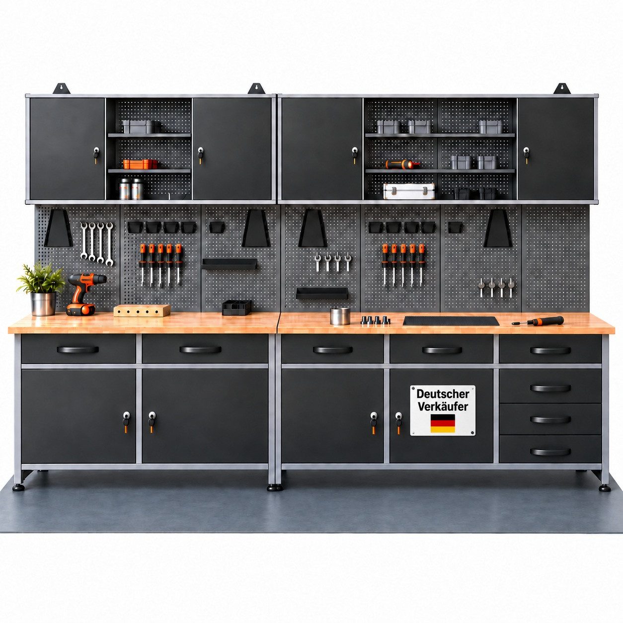 ONDIS24 Werkstatt-Set Werkstattset Bruno 280 cm Werkbank 8 Schubladen Hängeschränke Lochwand