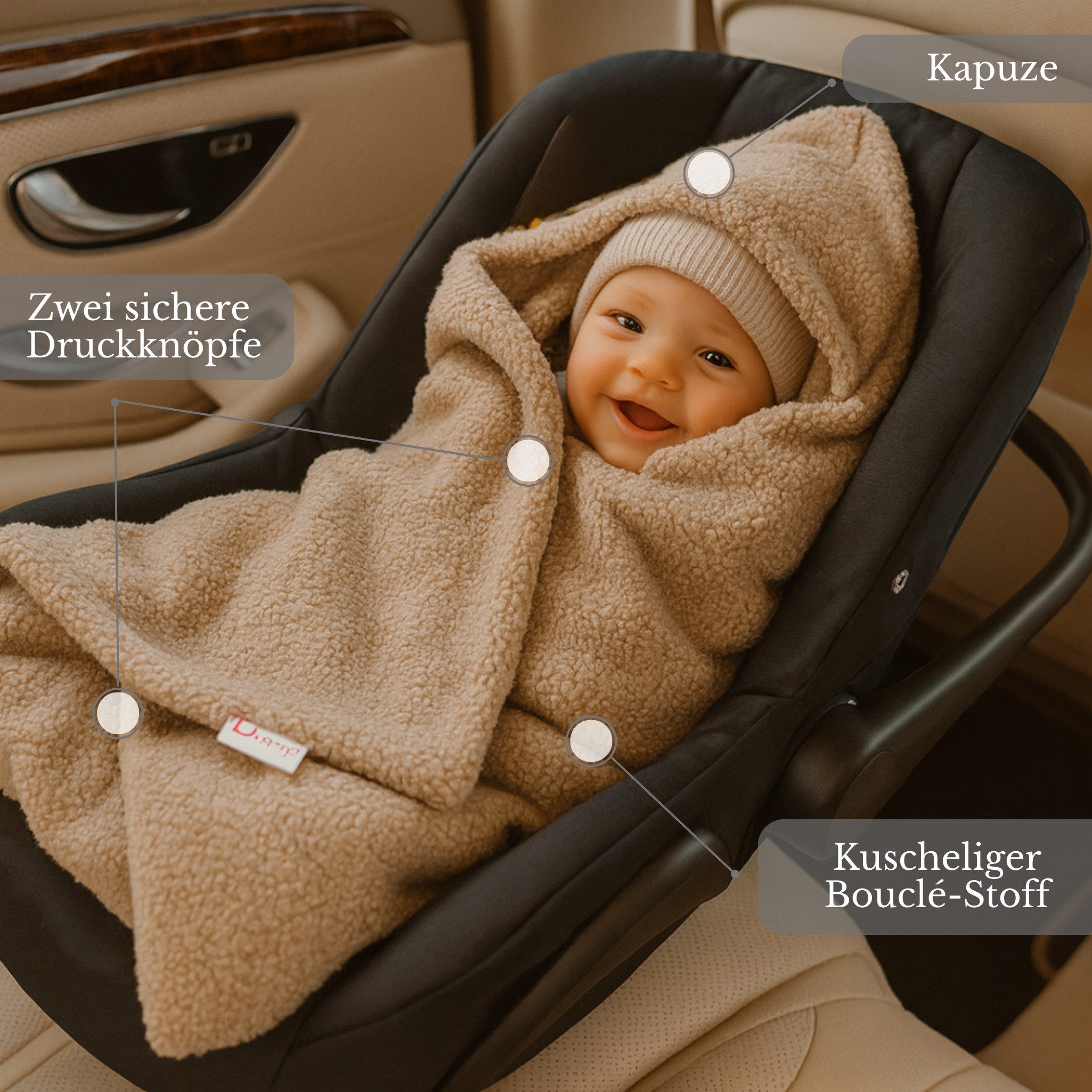 BabyLux Babyschale Warme Einschlagdecke Bouclé 80x80 cm für Autositz Decke 0+, Bouclé - Beige - 80x80cm
