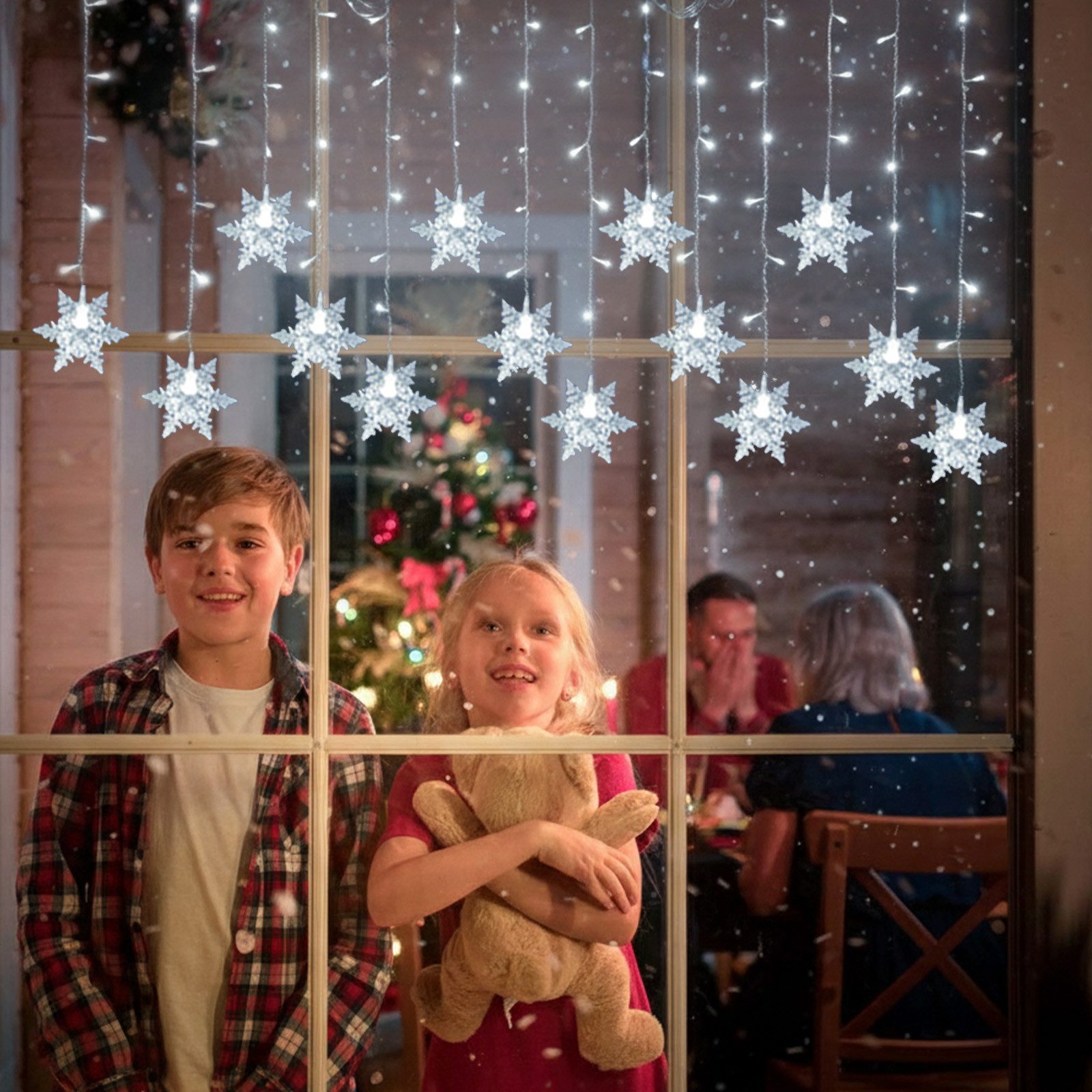 Merry 2024 Lichternetz LED Lichterkette Lichtervorhang,1.8M 96 LEDS Schneeflocke Fenster, Weihnachtsdeko,LED Vorhang Licht für Innen Außen Fensterdeko Halloween