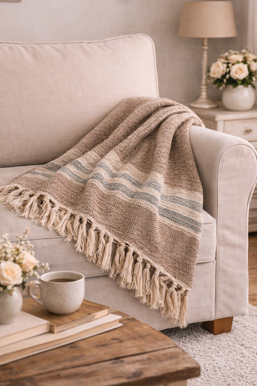 Wohndecke Braun/Türkis, AU Maison, Stilvolle Baumwolldecke mit Fransen 130x170 cm