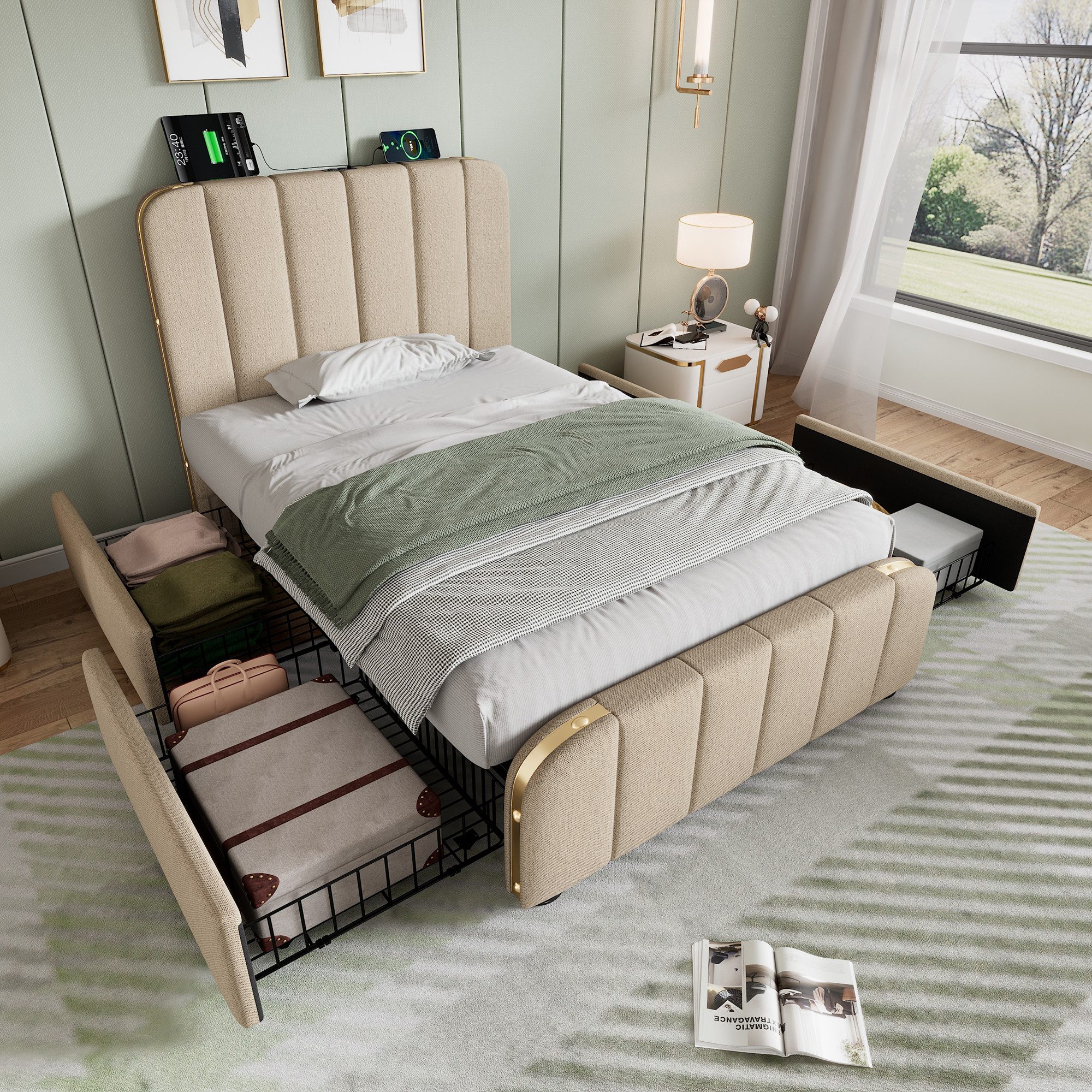 Flieks Polsterbett, Einzelbett 90x200cm mit USB/Typ-C Ladefunktion und 4 Schubladen