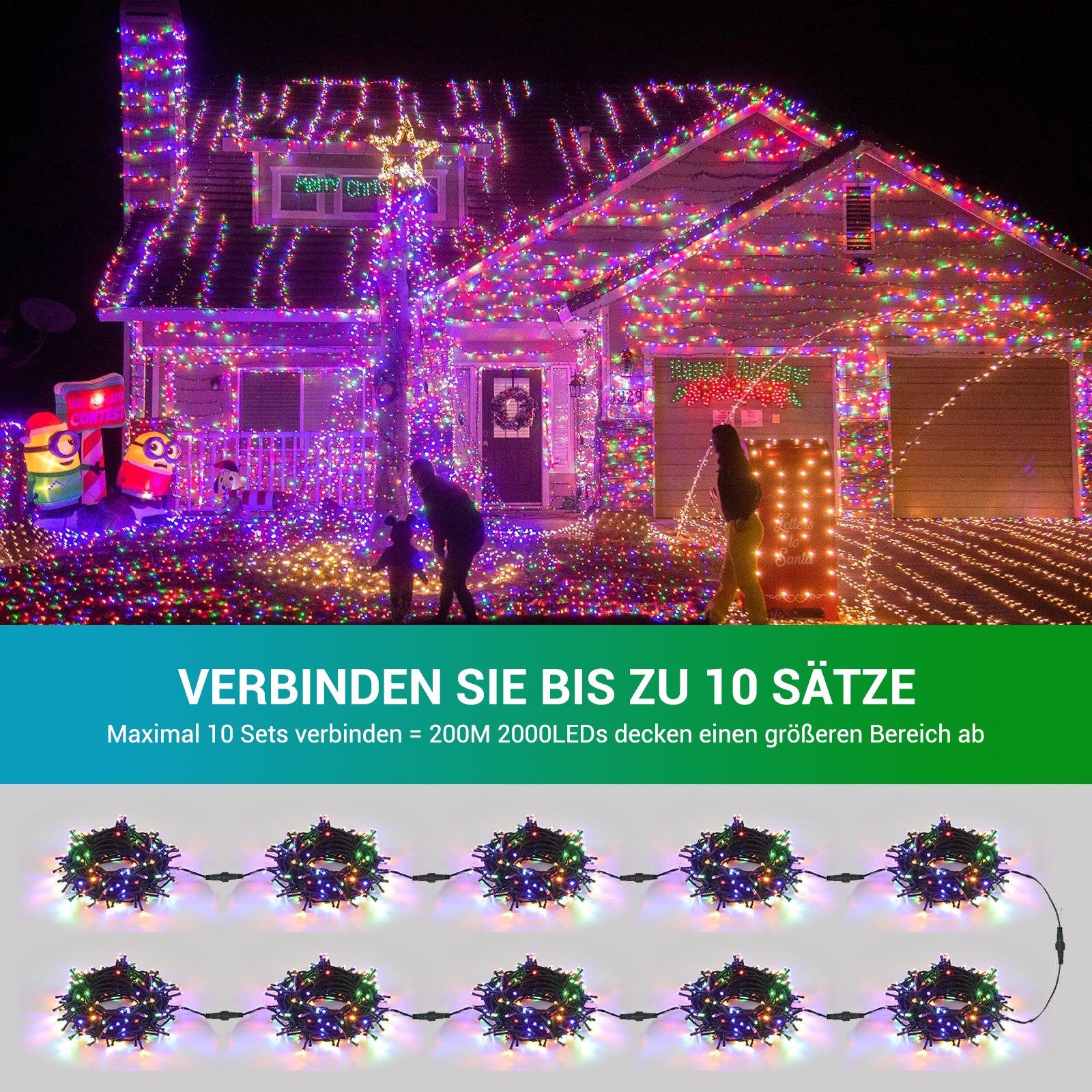 Bun, 4 Fernbedienung, Elegear Weihnachtsbeleuchtung Dimmbar Lichtervorhang, Farben Außen 20M Lichterkette 200-flammig, Lichterkette mit LED