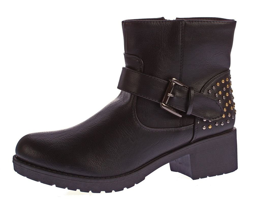 Scandi Leder Півчобітки Block Abs Boots Knöchel Schuhe Stiefelette kalt gefüttert, verschiedenfarbige Nieten, Zierschnalle