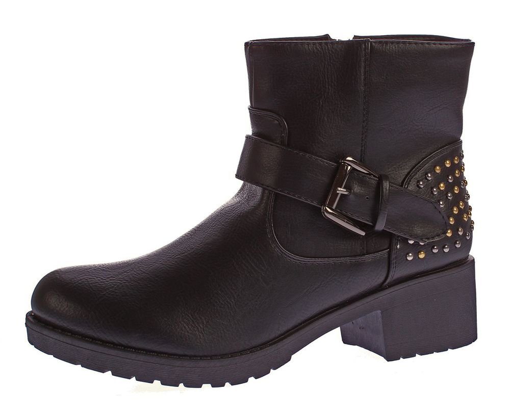 Scandi Leder Stiefeletten Block Abs Boots Knöchel Schuhe Stiefelette kalt gefüttert, verschiedenfarbige Nieten, Zierschnalle