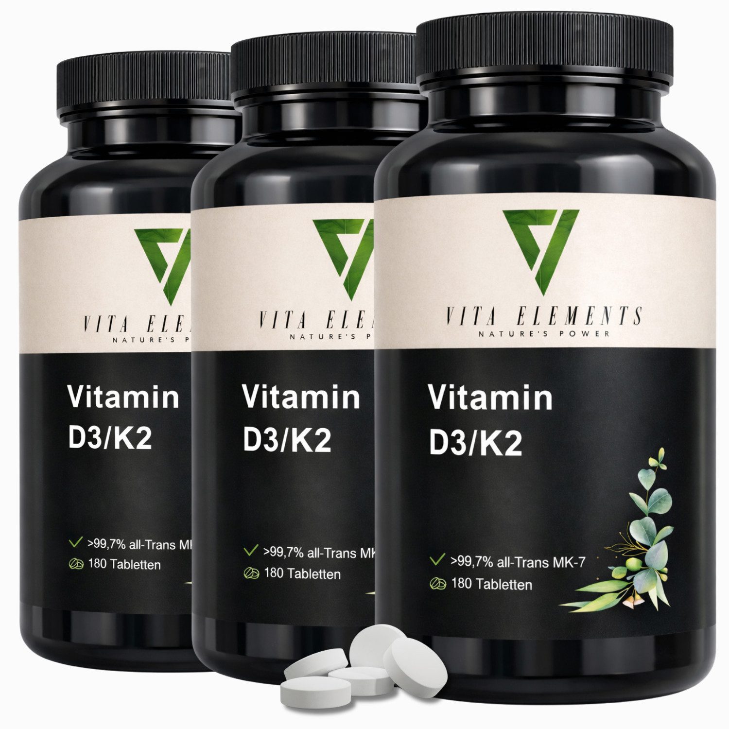 Vita Elements Vitamin D3/K2 Tabletten, 3 er Spar-Set à 180 St., 5-Tage-Depotdosis, >99,7% all-Trans MK-7 (K2Vital), Laborgeprüft