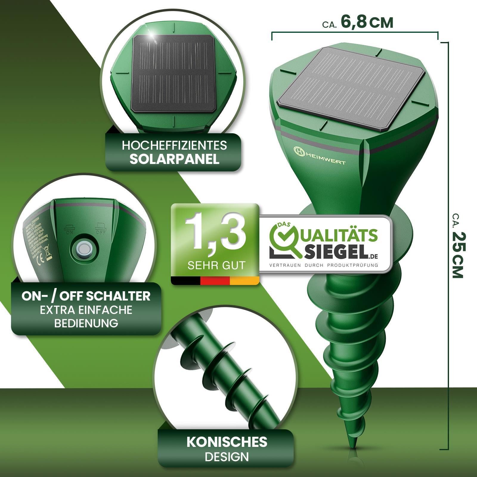 HEIMWERT Ultraschall-Tierabwehr HEIMWERT Maulwurf Vertreiber Wühlmausschreck 2er Pack, 2-tlg., hocheffizientes Erdschall System mit 3 Wechselfrequenzen