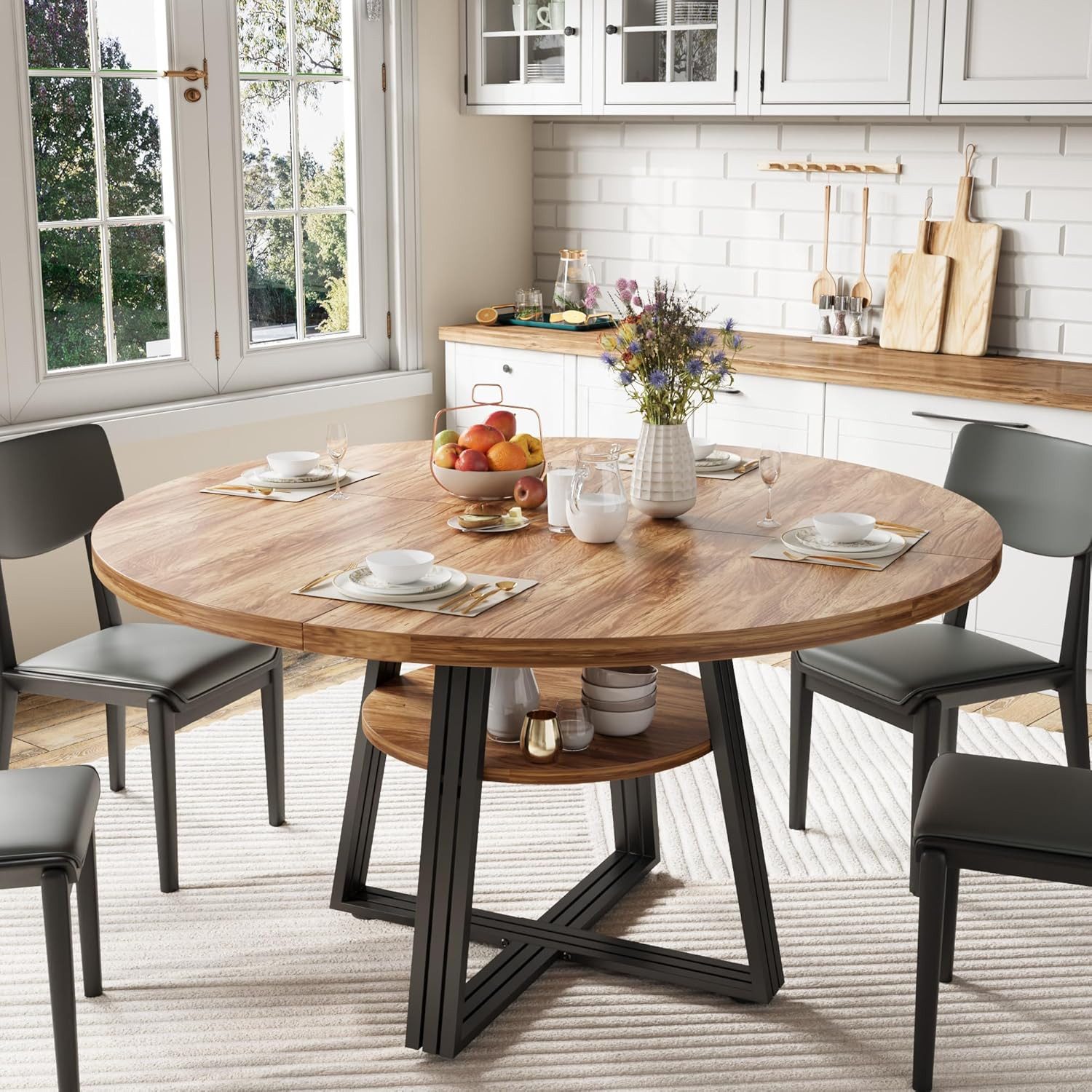 GarveeMore Esstisch Runder für 4-6 Personen,120 cm,Landhausküchentisch mit Stauraum, Küchentische für Esszimmer,Küche,Wohnzimmer,Wohnung