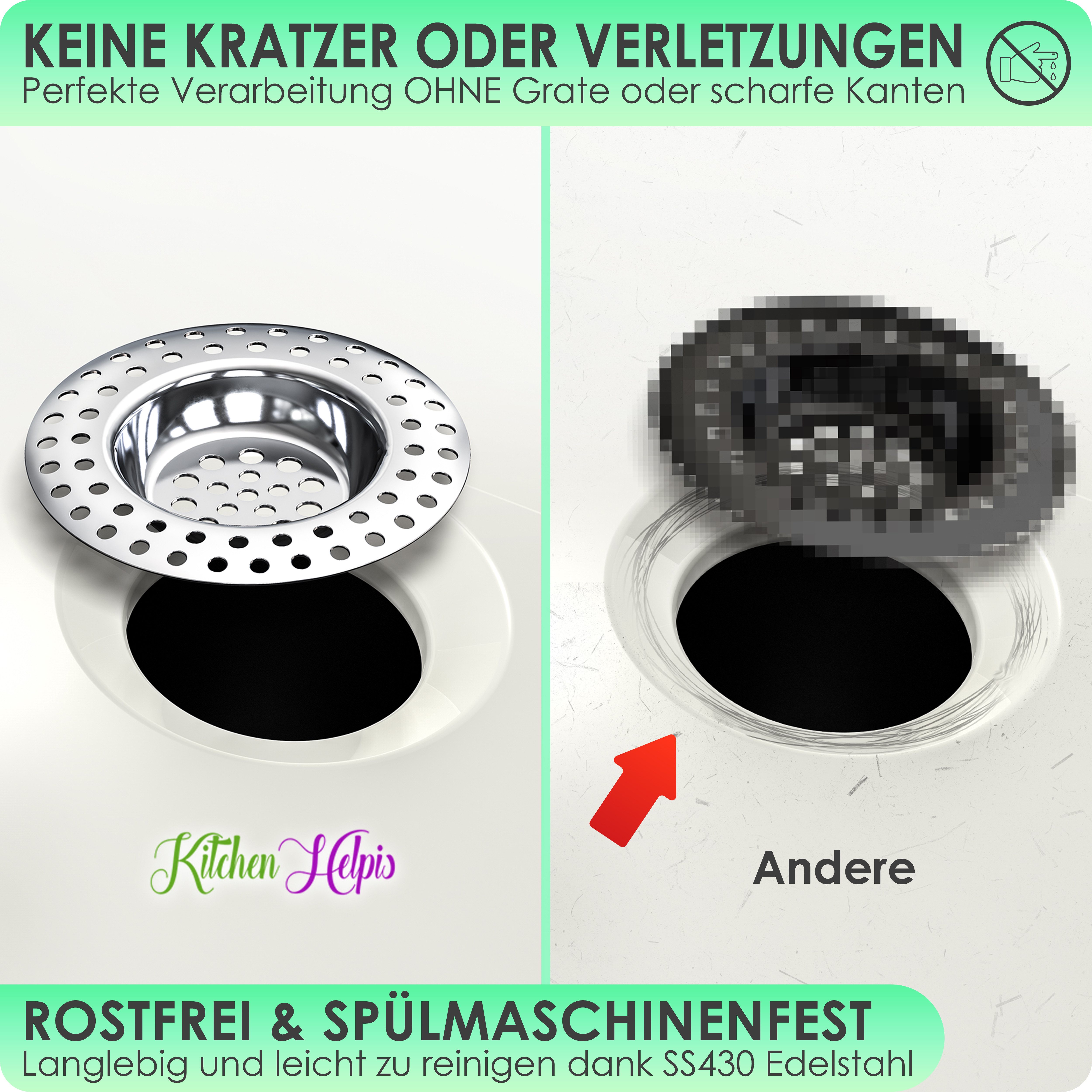 Kitchen Helpis Abflusssieb Abflusssieb Edelstahl, schwere 14g für Dusche, Spülbecken & Abfluss, (4-St)
