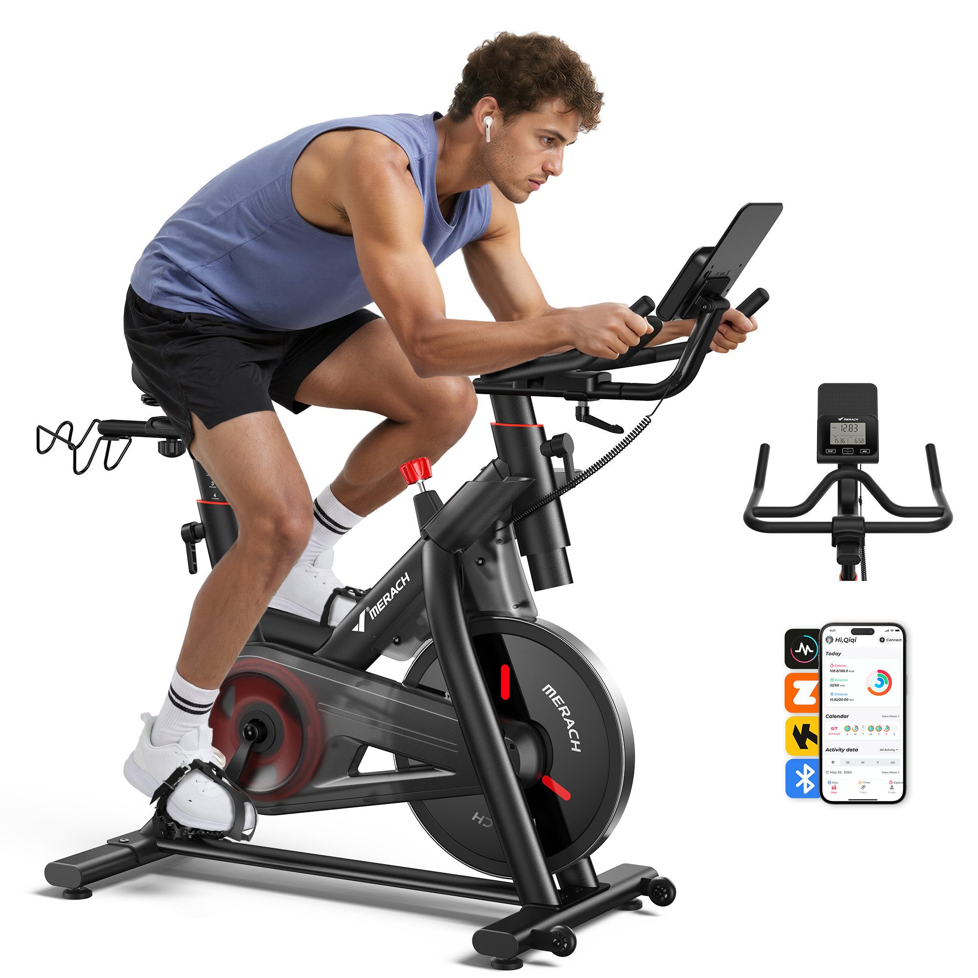 MERACH Heimtrainer mit 10kg Schwungrad, APP & bis 158kg für Profi Training (Fitnessbike mit 16 Widerstandsstufen und leisem Magnetbremssystem, 1-tlg., Speedbike mit 3D Luftkissensattel und App Gaming Anbindung), Flüsterleise, Echtzeit Tracking, bis 158kg