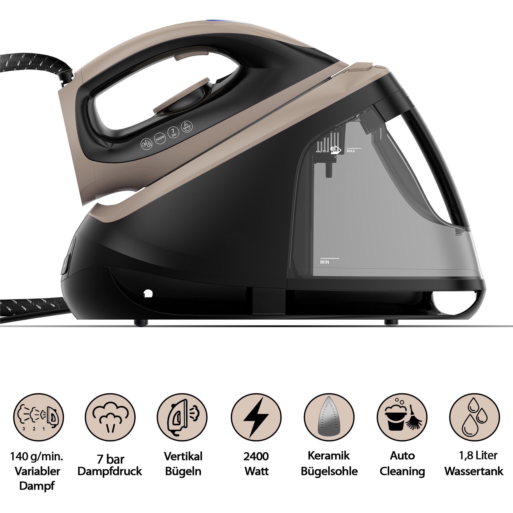 Tristan Auron Dampfbügelstation Elite - 8 bar Dampfdruck I 2400 W 400g Dampfstoß, 2000,00 ml Wassertank