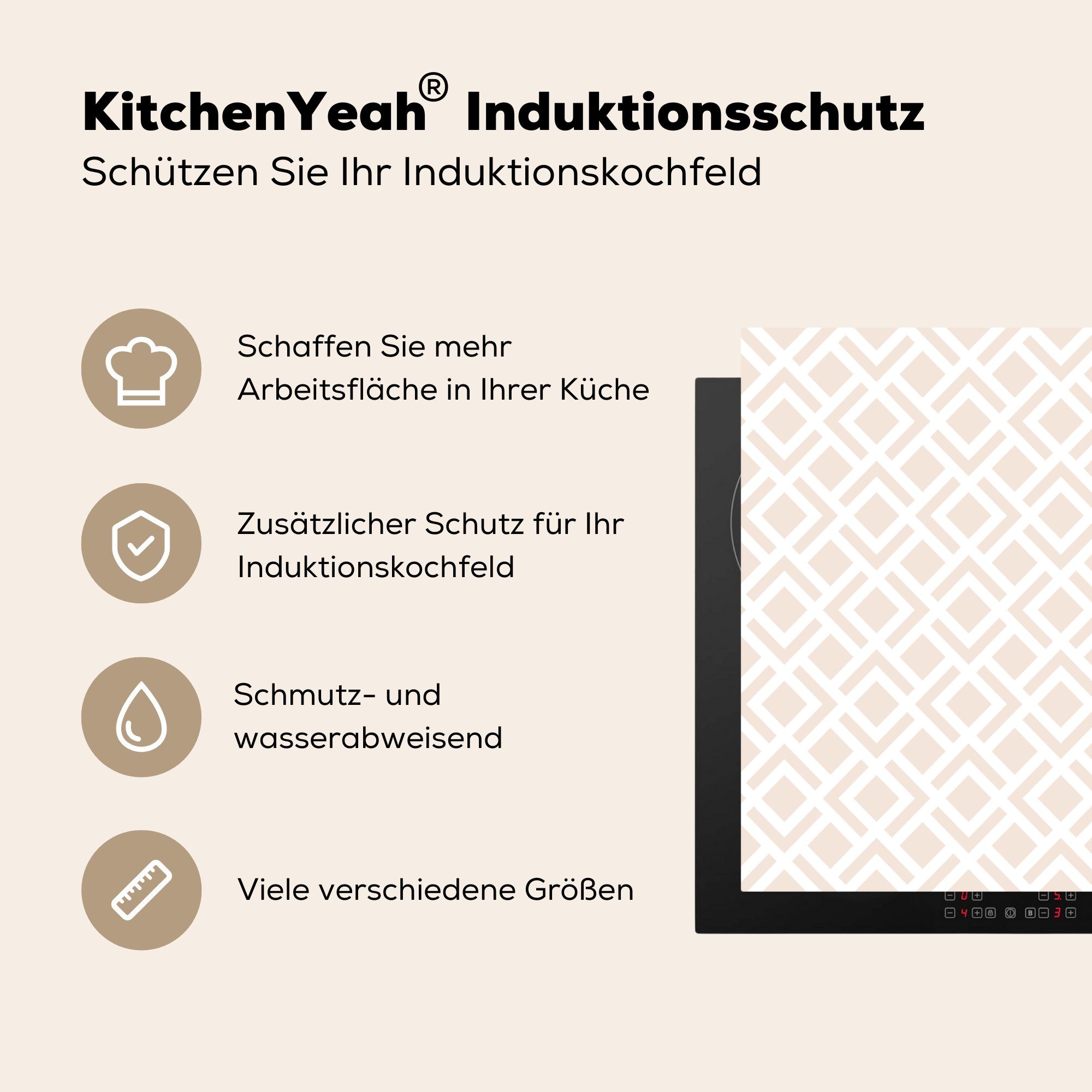 58x51 Induktionskochfeld Beige Dekoration - Küchen Induktionsherd, MuchoWow - (1 Herdblende-/Abdeckplatte Muster Geometrisch, Abstrakt - Vinyl, tlg), für cm,