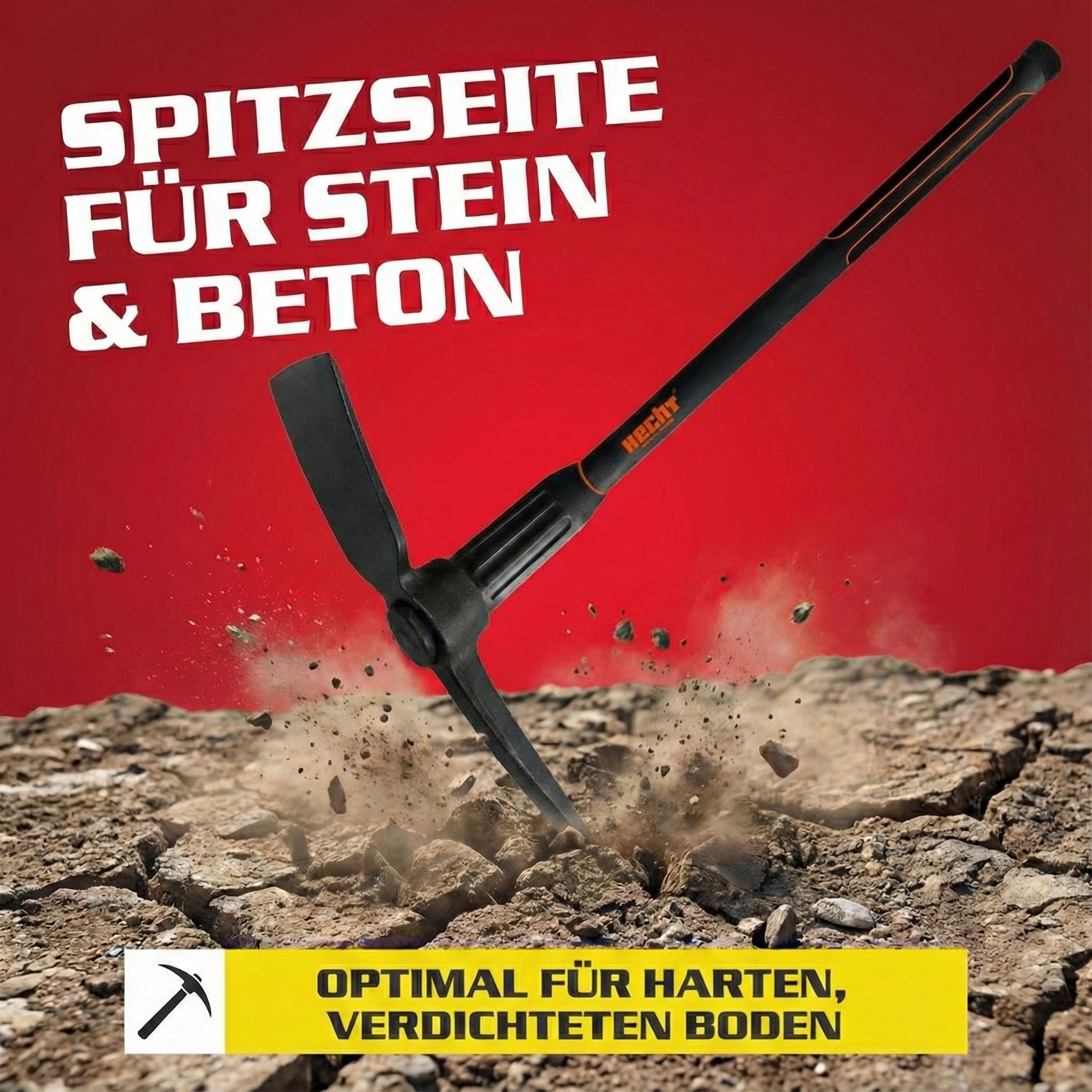 Hecht Gartenhacke Spitzhacke Kreuzhacke 91 cm Länge Fiberglaskern Gummigriff, 2 cm Metallstärke