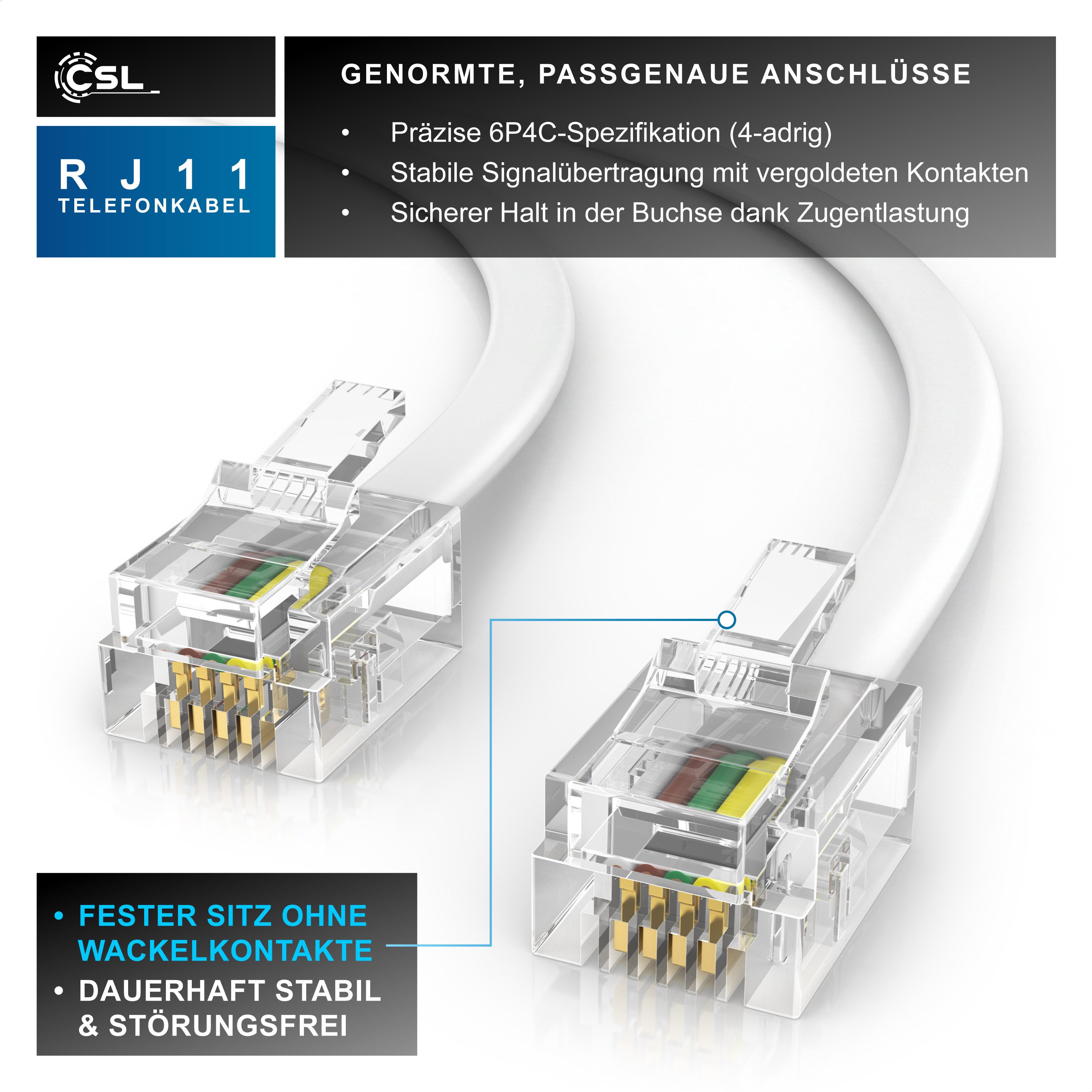 CSL Flachkabel RJ11 zu RJ 11, Router zu Telefon Fax Anrufbeantworter 7,5 m Telefonkabel, RJ-11, RJ-11 (750 cm), Modularkabel, Telefonanschlusskabel, Modem, DSL, VDSL, ISDN, flach