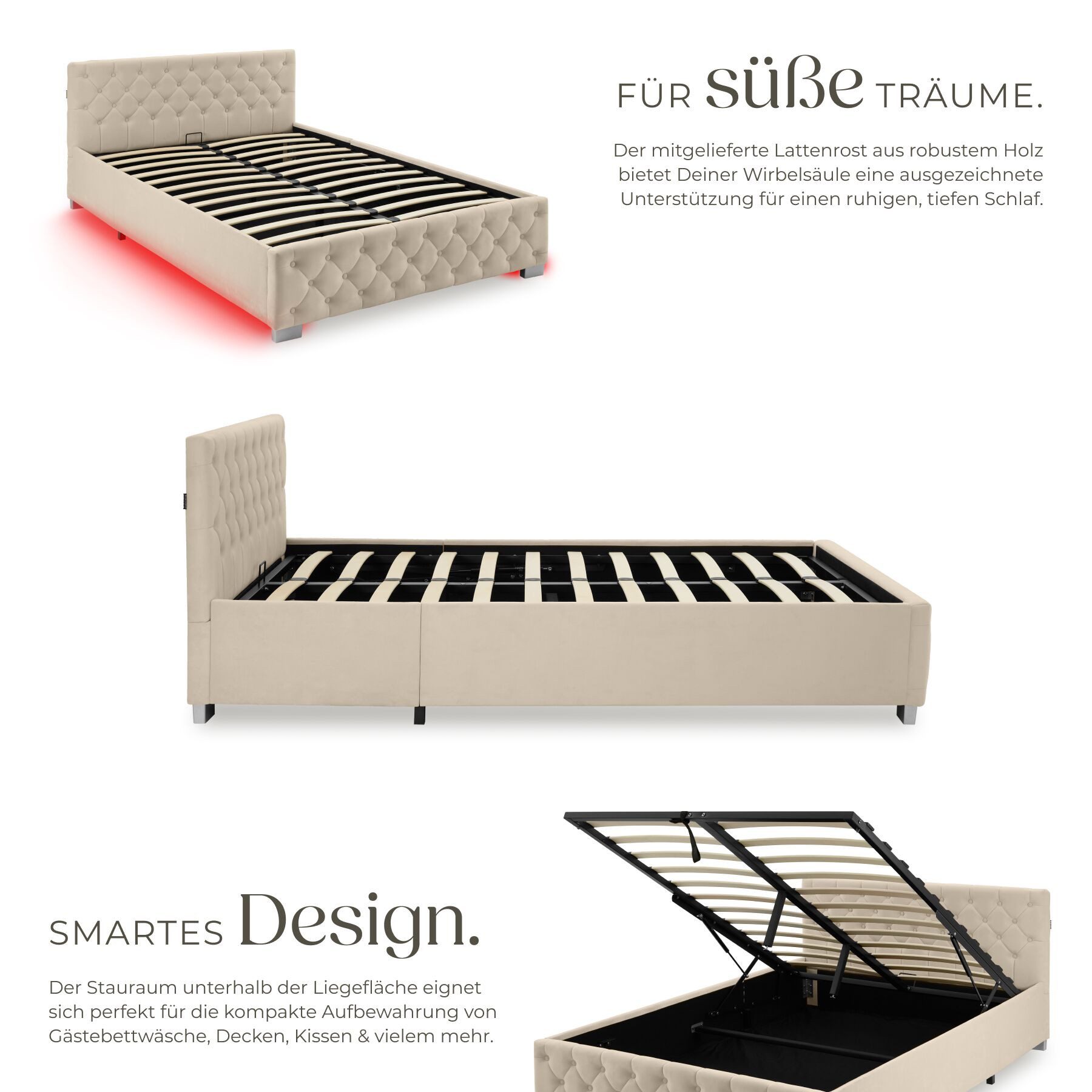 tectake Polsterbett Komfortbett mit LED-Leisten & Stauraum - Samtoptik mit Steppmuster (Bettset, in Samtoptik Sand), stabiler Stahlrahmen, Belastbarkeit 250 kg – Bild 5 von 5