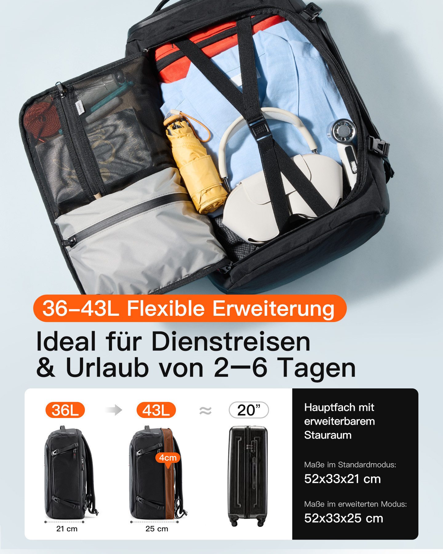 Inateck Laptoprucksack Leichter Reiserucksack Handgepäck Flugzeug Erweiterbar 36-43L, TSA Freundlich Große für 16 Zoll Laptop – Bild 4 von 5