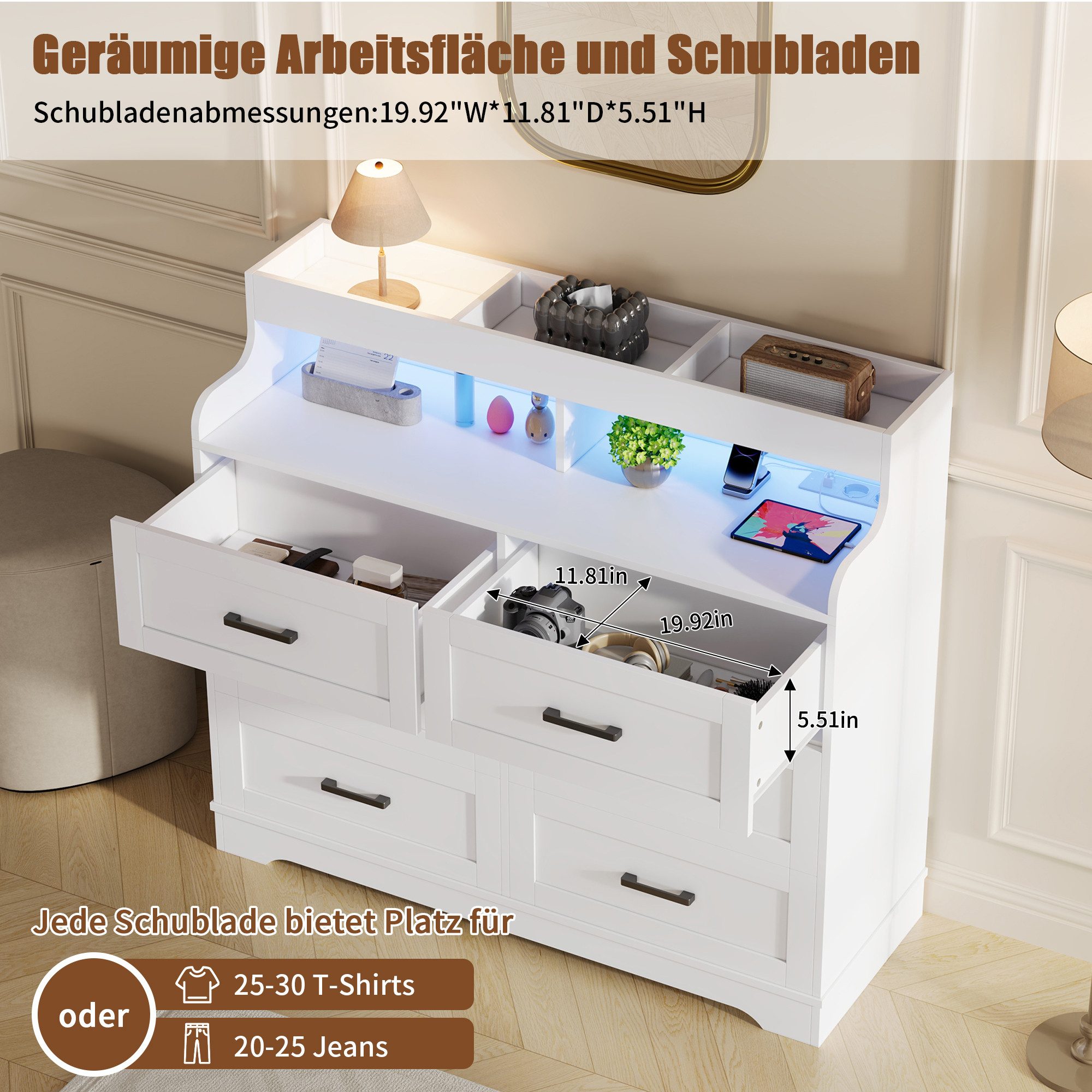 zebery Kommode mit 6 Schubladen Sideboard mit LED Beleuchtung (Schrank aus Holz,2 Steckdosen und USB-Anschlüsse), Schubladen mit Auszugsschienen,mit offenem Stauraum,Weiß