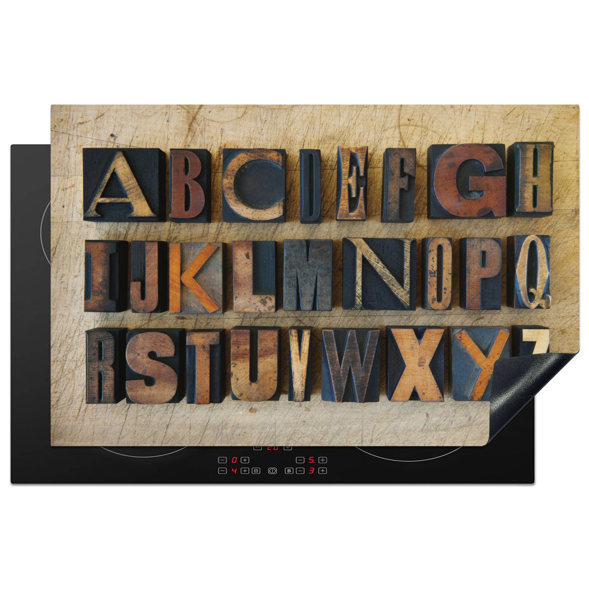 Alphabets einem des MuchoWow Hintergrund, Schutz Vinyl, für (1 Nahaufnahme tlg), küche, Ceranfeldabdeckung hölzernen die 81x52 Induktionskochfeld cm, Herdblende-/Abdeckplatte auf