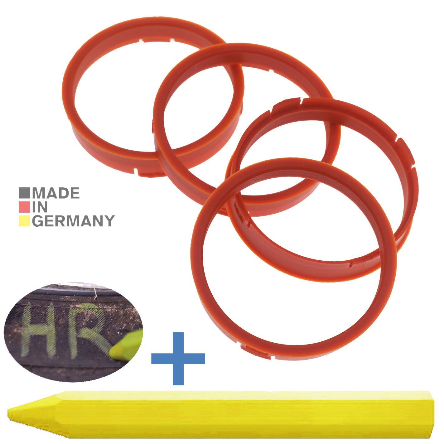 RKC Reifenstift 4X Zentrierringe Orange Felgen Ringe + 1x Reifen Kreide Fett Stift, Maße: 73,1 x 66,6 mm