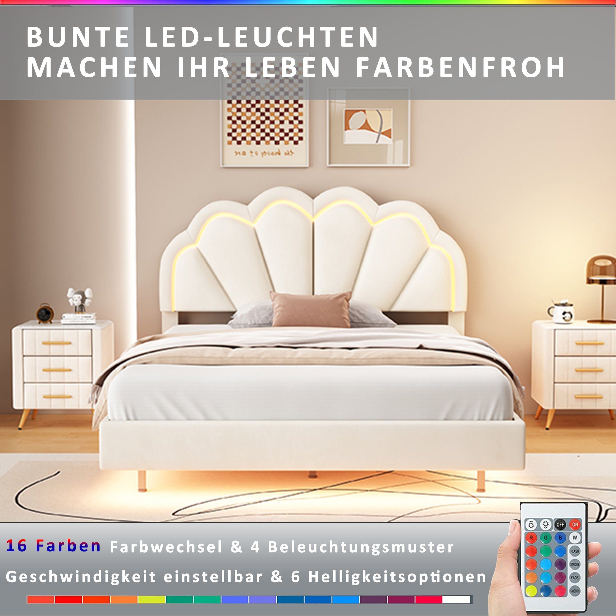 Beleuchtung Schwebebett Muschel beige Flieks 140x200cm Kopfteil LED Polsterbett, Doppelbett Samt