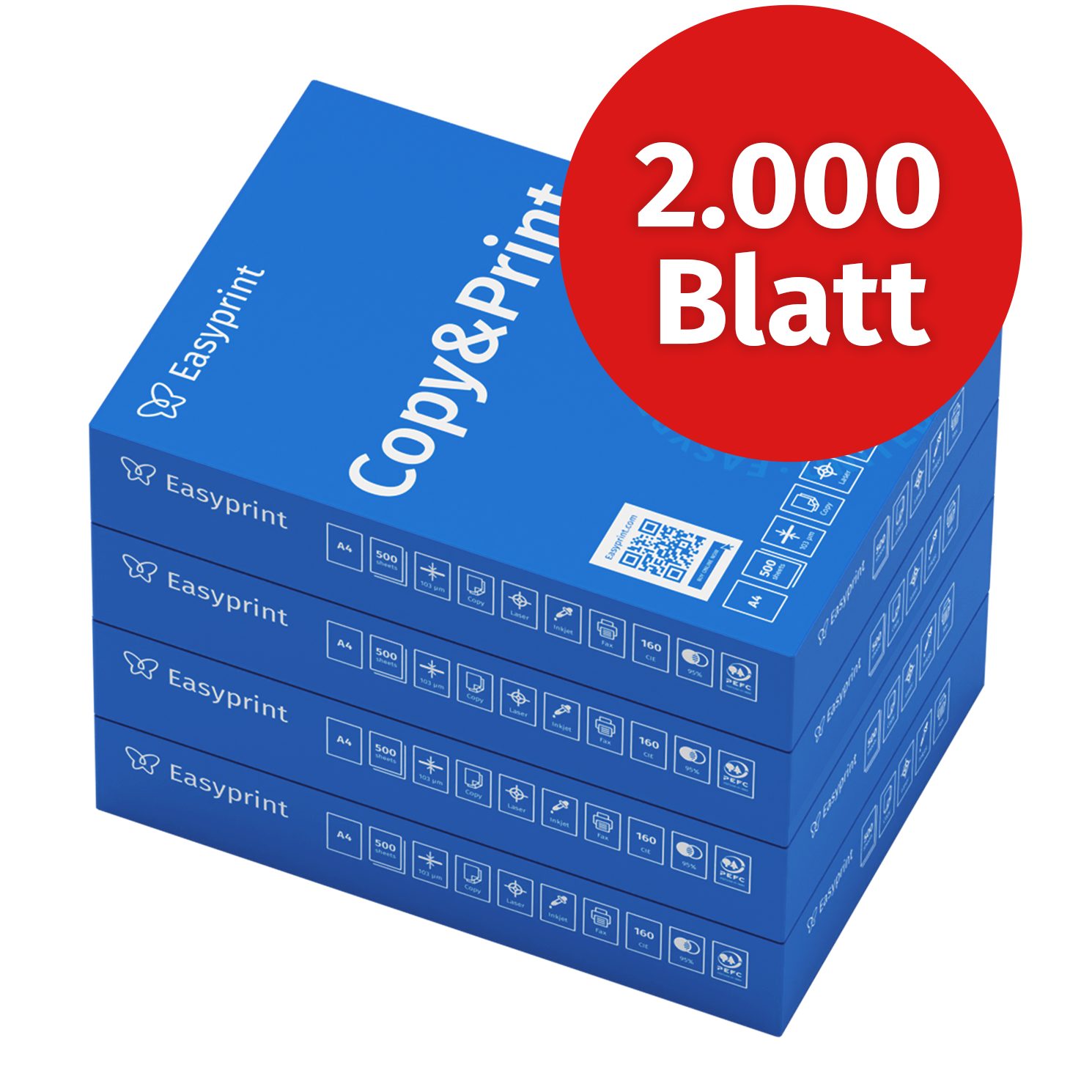 Easyprint Drucker- und Копировальная бумага Копировальная бумага 2000 Blatt A4 Premium Hochweiß CIE 160 Testsieger PEFC