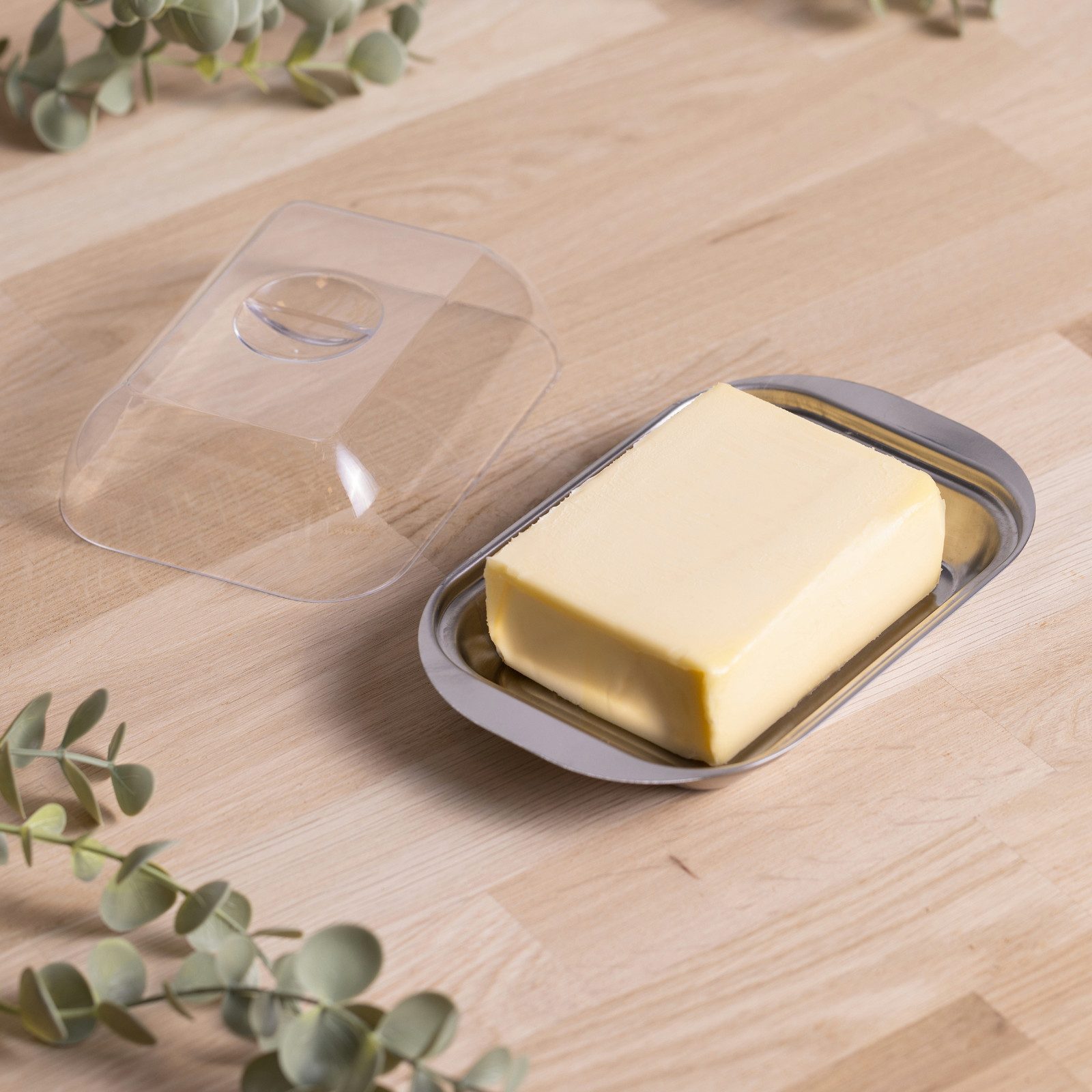 Haushalt International Butterdose Butterbehälter Butterglocke Edelstahl Kunststoff 17x11x5,5cm, Edelstahl, (Set, 2-tlg., 1 Dose), Unterteller Edelstahl, 2tlg, Deckel Kunststoff, Butter, Margarine