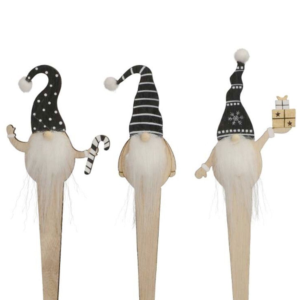 Macosa Home Weihnachtsfigur Dekowichtel Wichtelzwerg Winter-Deko Weihnachtsdeko Dekostecker (Blumenstecker, 3 St., 3er Set Geschenkverpackung), Winter Dekoration Stecker Weihnachten schwarz weiß
