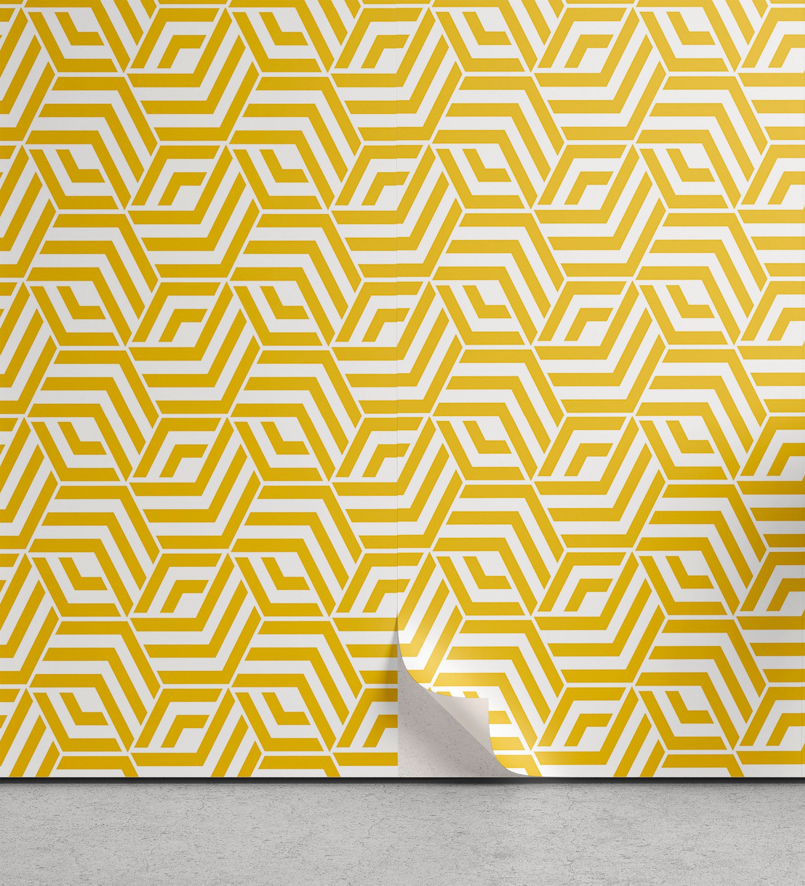 Abakuhaus Vinyltapete selbstklebendes Wohnzimmer Küchenakzent, Gitter Hexagons Yellow Chevron | Vinyltapeten