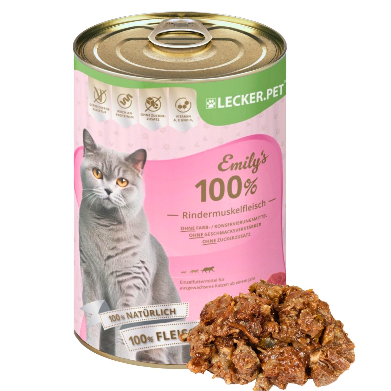 Lecker.Pet 18 x 400 g Lecker.Pet® Emily's 100 % Rindermuskelfleisch Nassfutter Rind, Ergänzungsfutter für: Katze