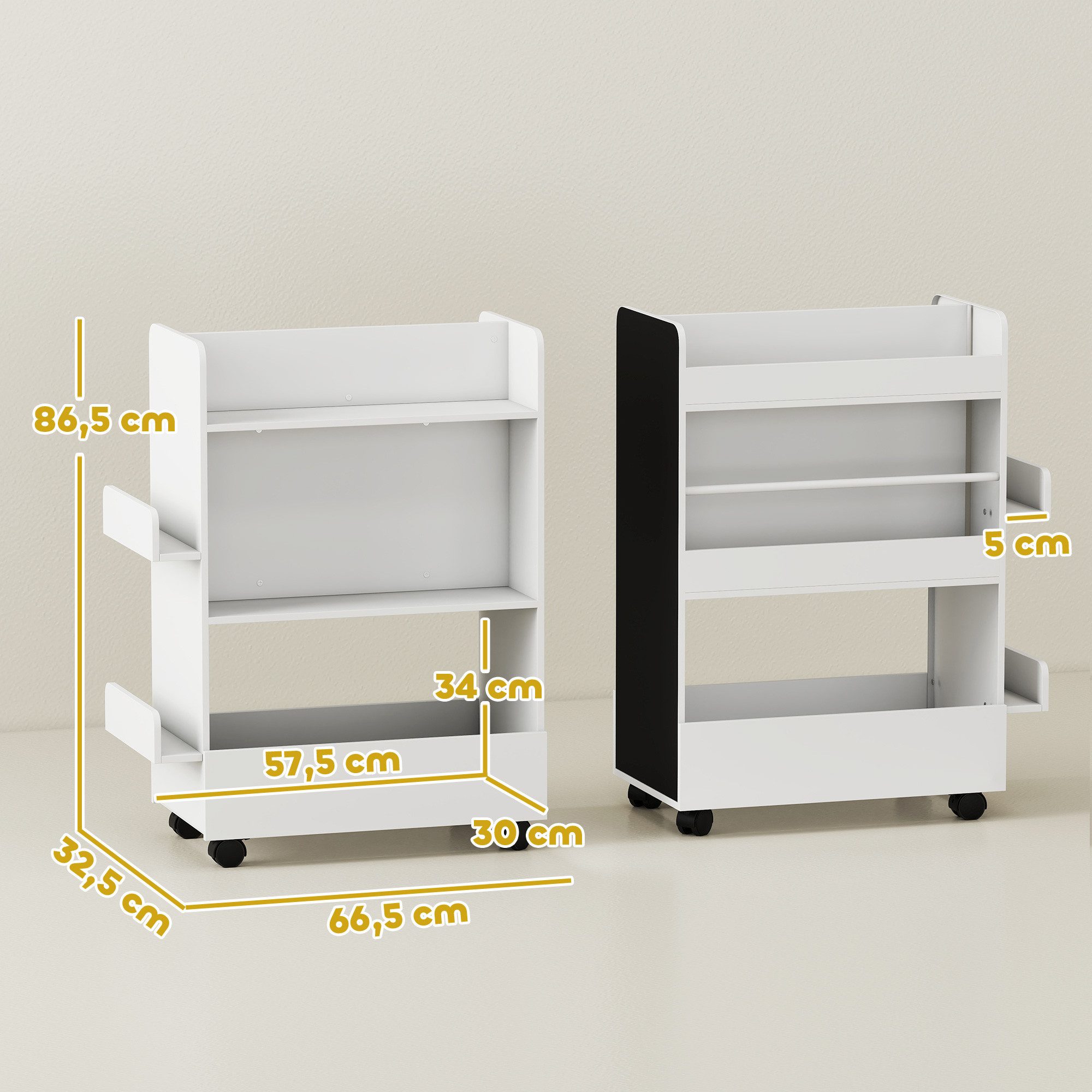 AIYAPLAY Regal doppelseitiges Kinderregal mit 4 Regalen, Bodenfach, 2 Seitenteile, Kinder Bücherregal 1-tlg., mit Tafel, Rollen, für Kinderzimmer, Spielzimmer, für 3–8 Jahre, Weiß