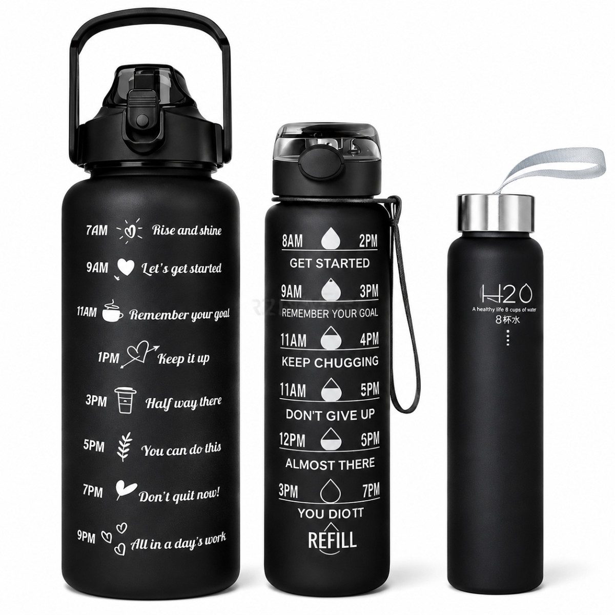 R2 Invest Trinkflasche Sport Wasserflaschen Set 3 Stück 2000 ml 900 ml 300 ml