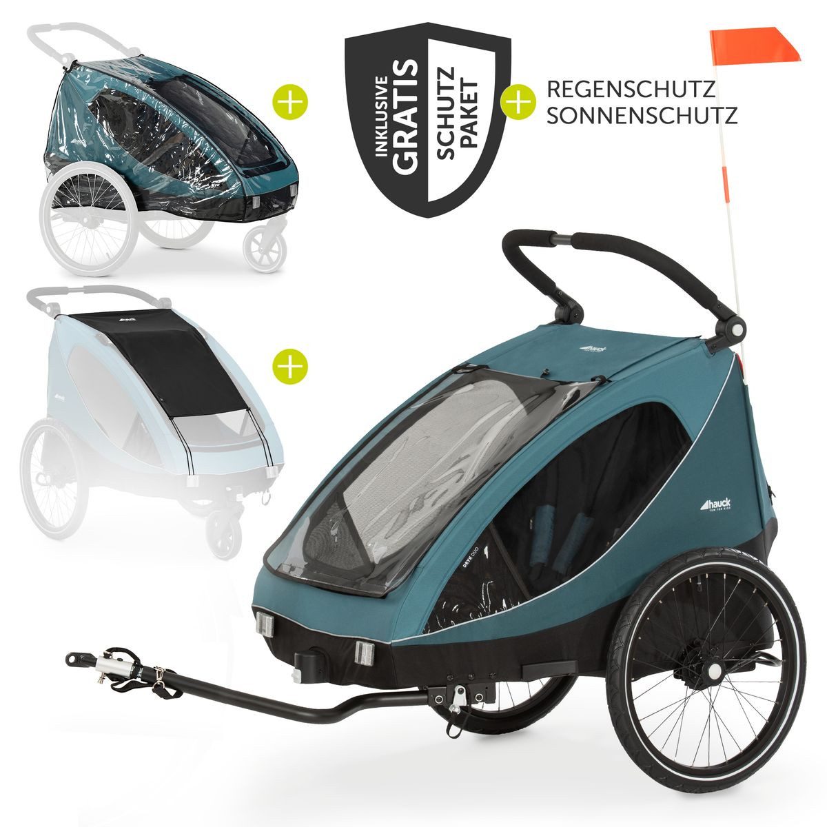 Hauck Fahrradkinderanhänger Dryk Duo - Ocean Green, Fahrradanhänger Buggy für 2 Kinder mit Regen-und Sonnenschutz