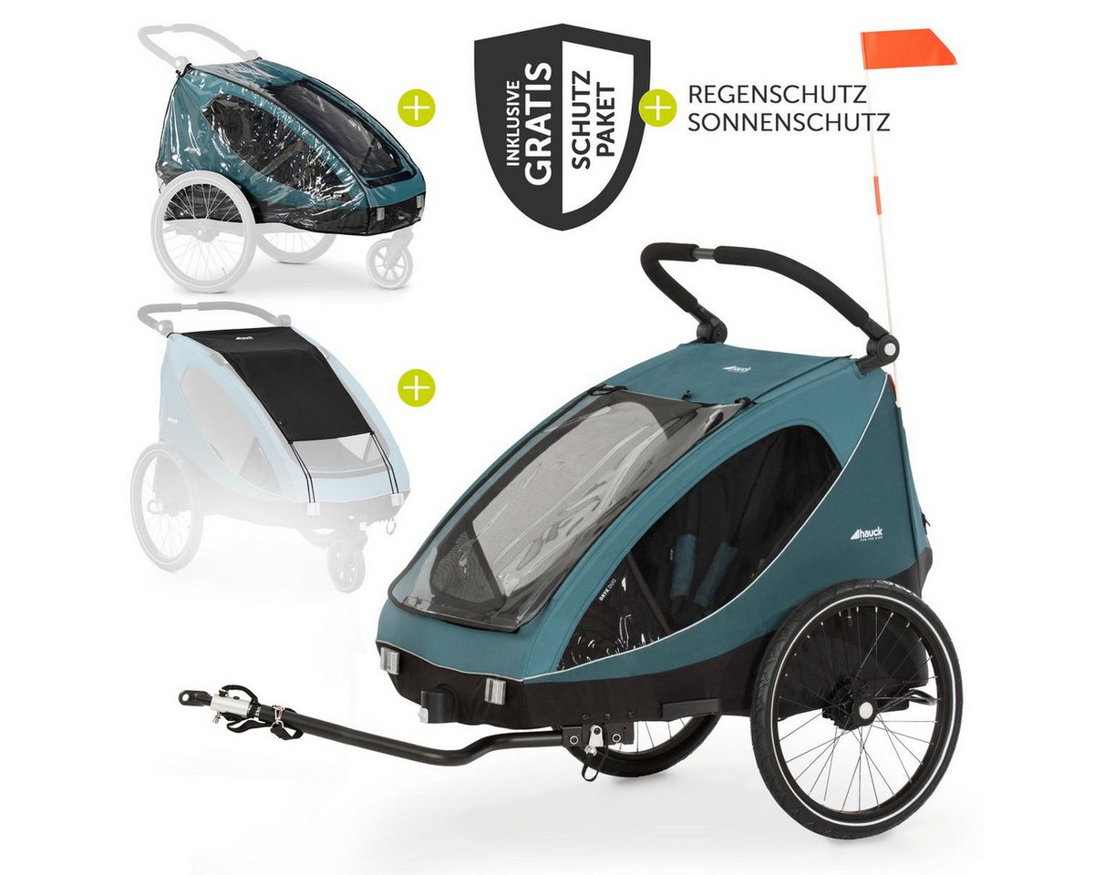 Hauck Fahrradkinderanhänger Dryk Duo - Ocean Green, Fahrradanhänger Buggy für 2 Kinder mit Regen-und Sonnenschutz