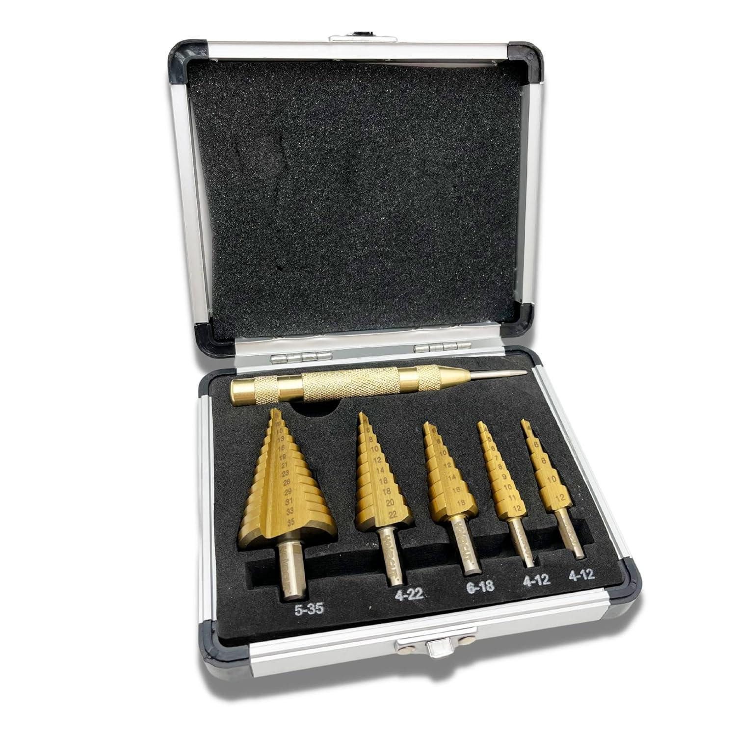 LuxusKollektion Stufenbohrer Stufenbohrer-Set 6-teilig HSS 4241 titanbeschichtet mit Körnerstanzer